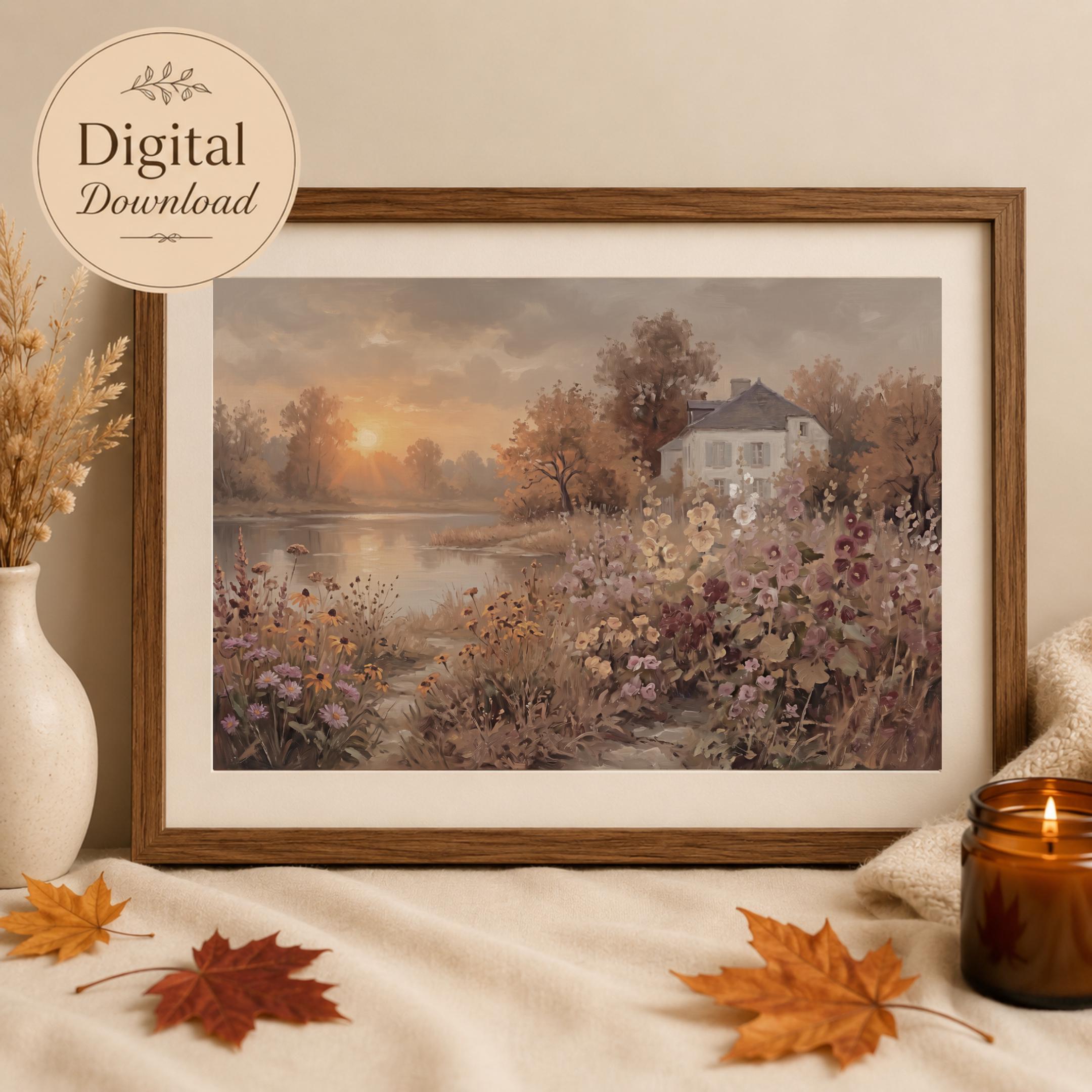 Fall Cottage Lake Wall Art, Autumn Floral Landscape Print, Rustic Farmhouse Decor (Digital Download) — image 6