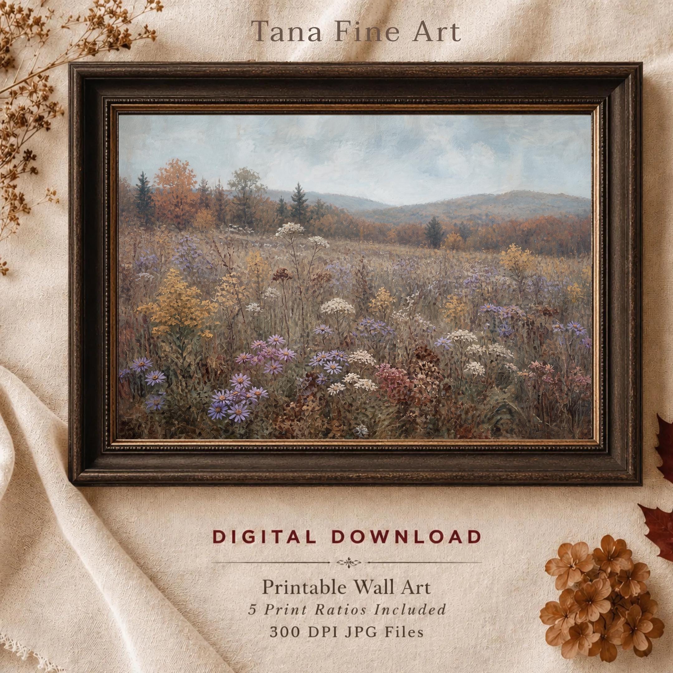 Fall Meadow Wall Art | Wildflower Landscape Print | Vintage Landscape Digital Download