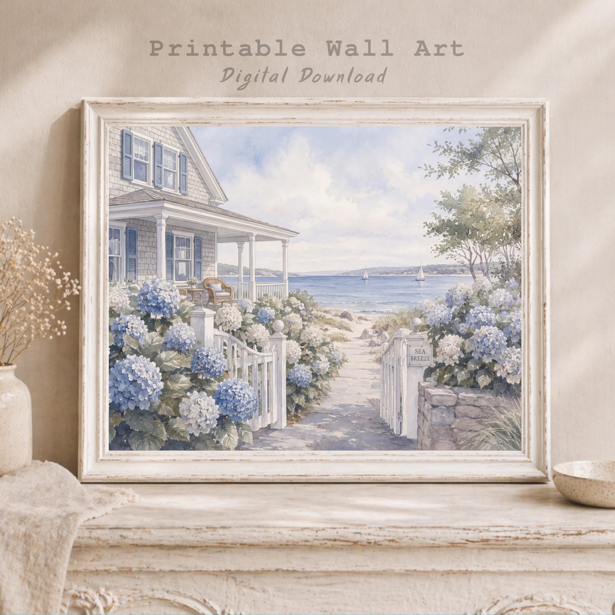 Coastal Beach House Wall Art, Hydrangea Cottage Print, Hamptons Style Seaside Decor (Digital Download) — image 7