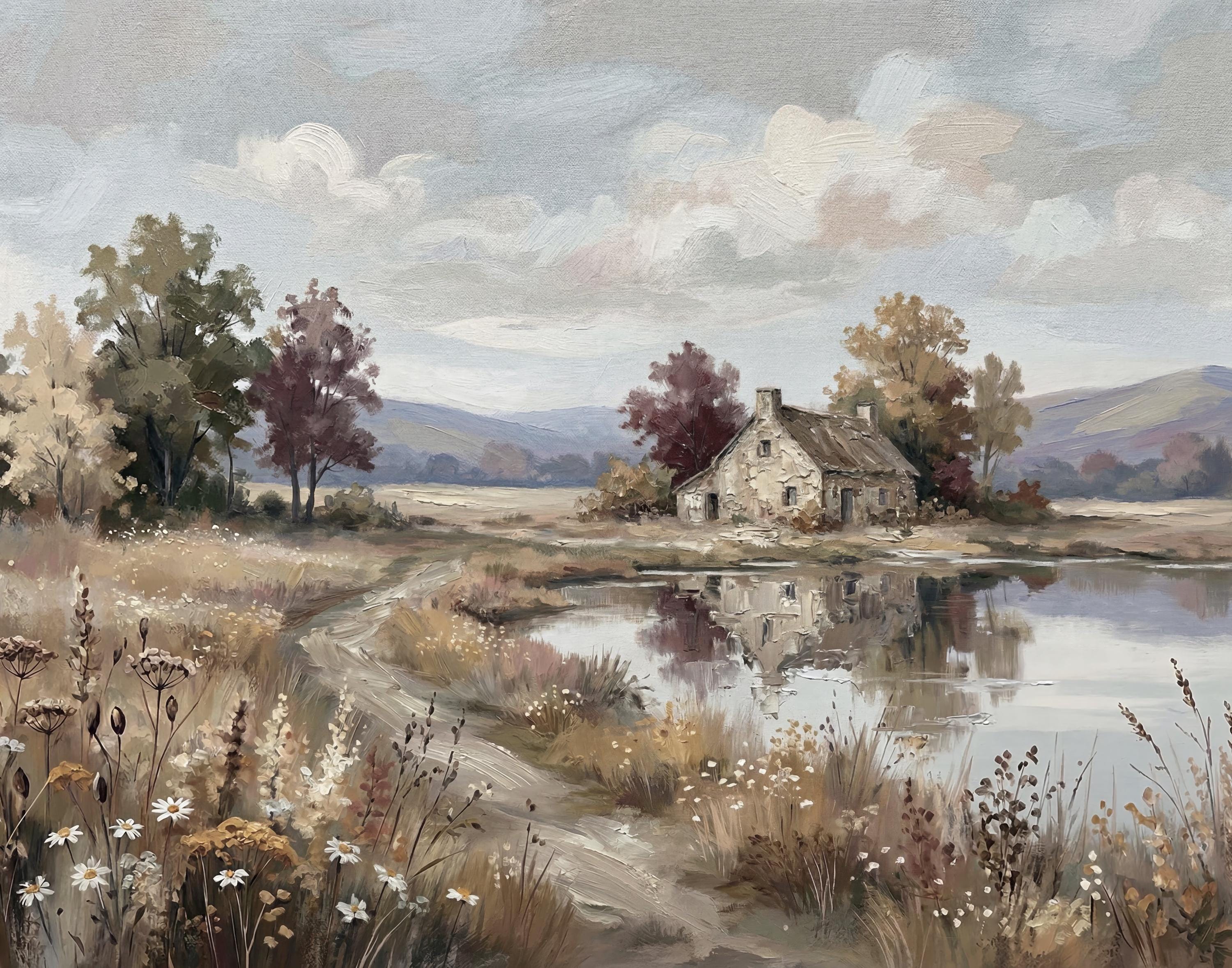 Cottage Landscape Wall Art, Farmhouse Lake House Print, Soft Countryside Nature Decor (Digital Download) — image 2