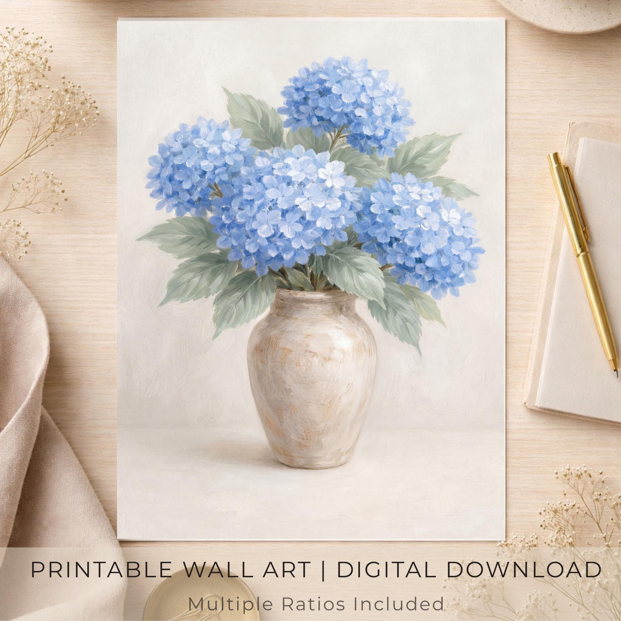 Neutral Blue Hydrangea BathRoom Wall Art | Floral Vase Art Printable (Digital Download) — image 5