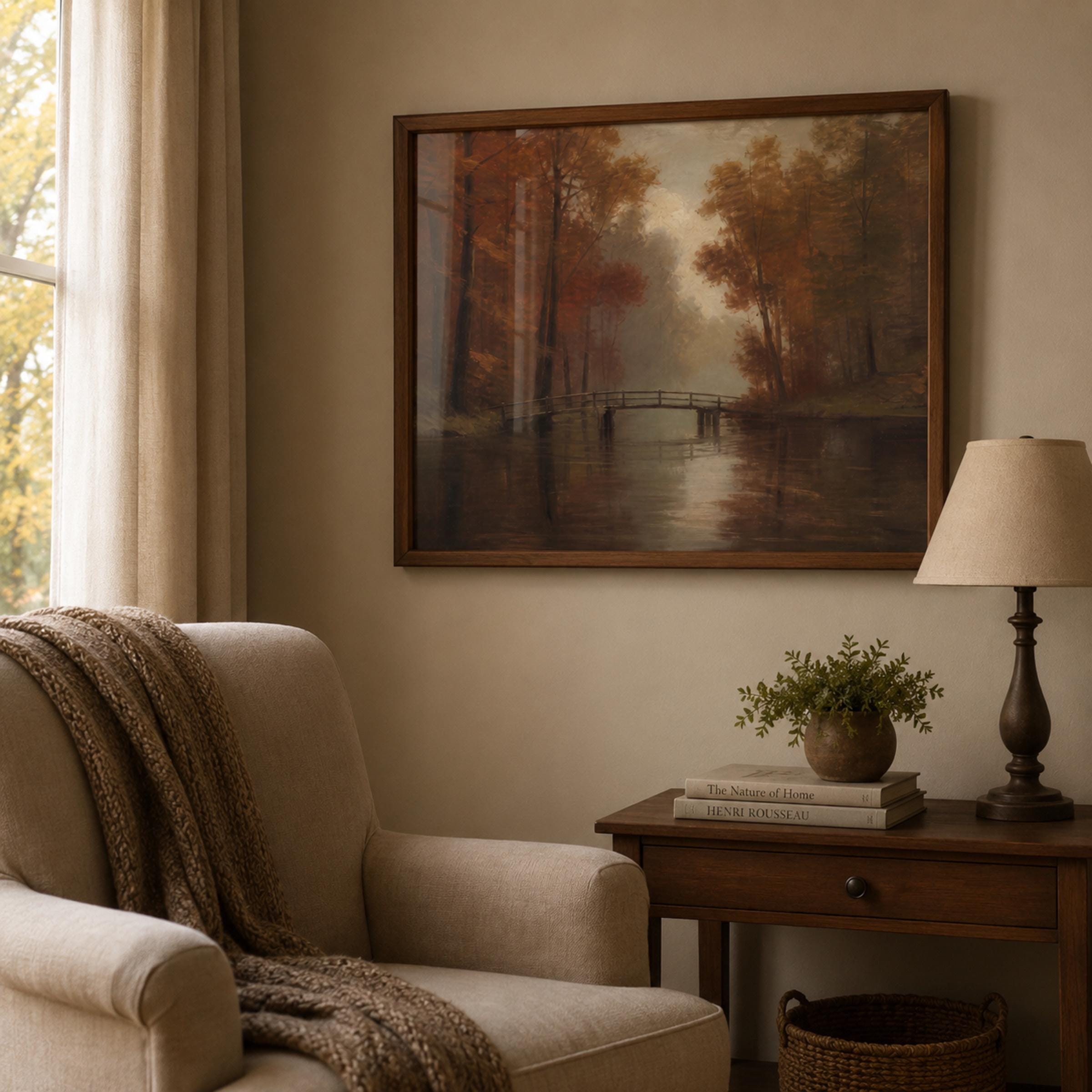 Moody Fall Forest Wall Art | Autumn River Bridge Print | Vintage Landscape Printable Digital Download — image 2