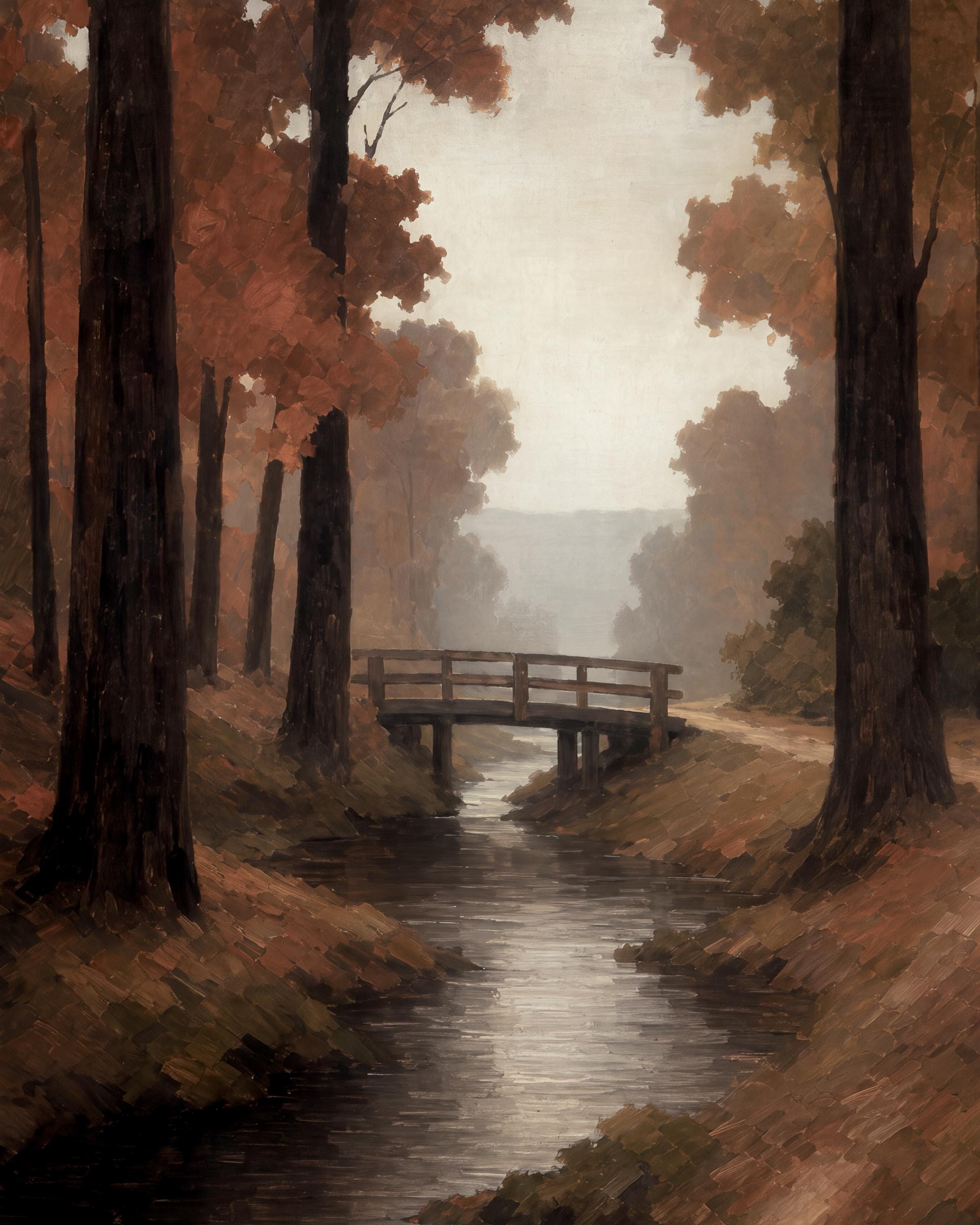 Fall Stream Wall Art | Autumn Forest Bridge Print | Moody Printable Digital Download — image 2