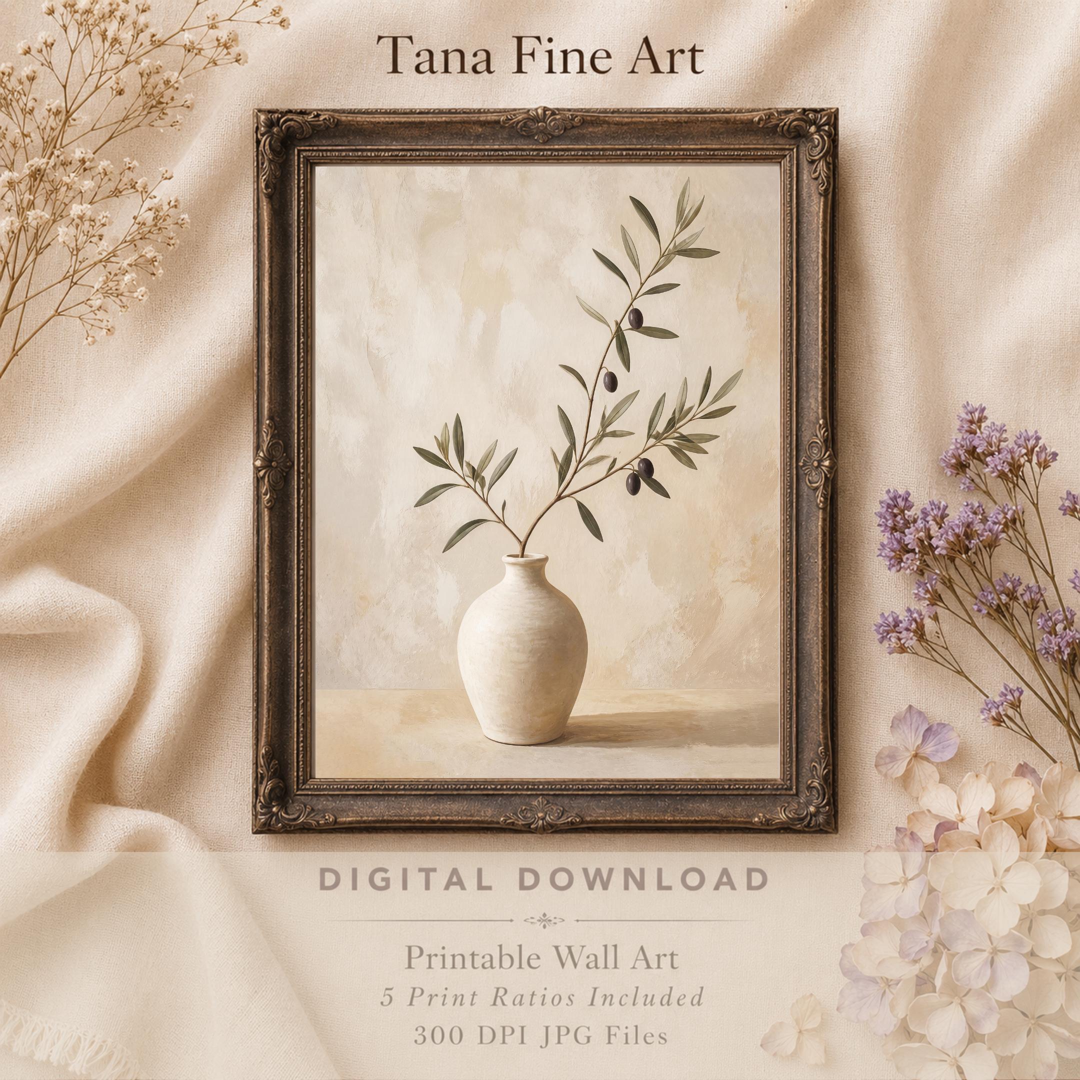 Olive Branch Printable Wall Art, Neutral Mediterranean Botanical Vase Digital Download