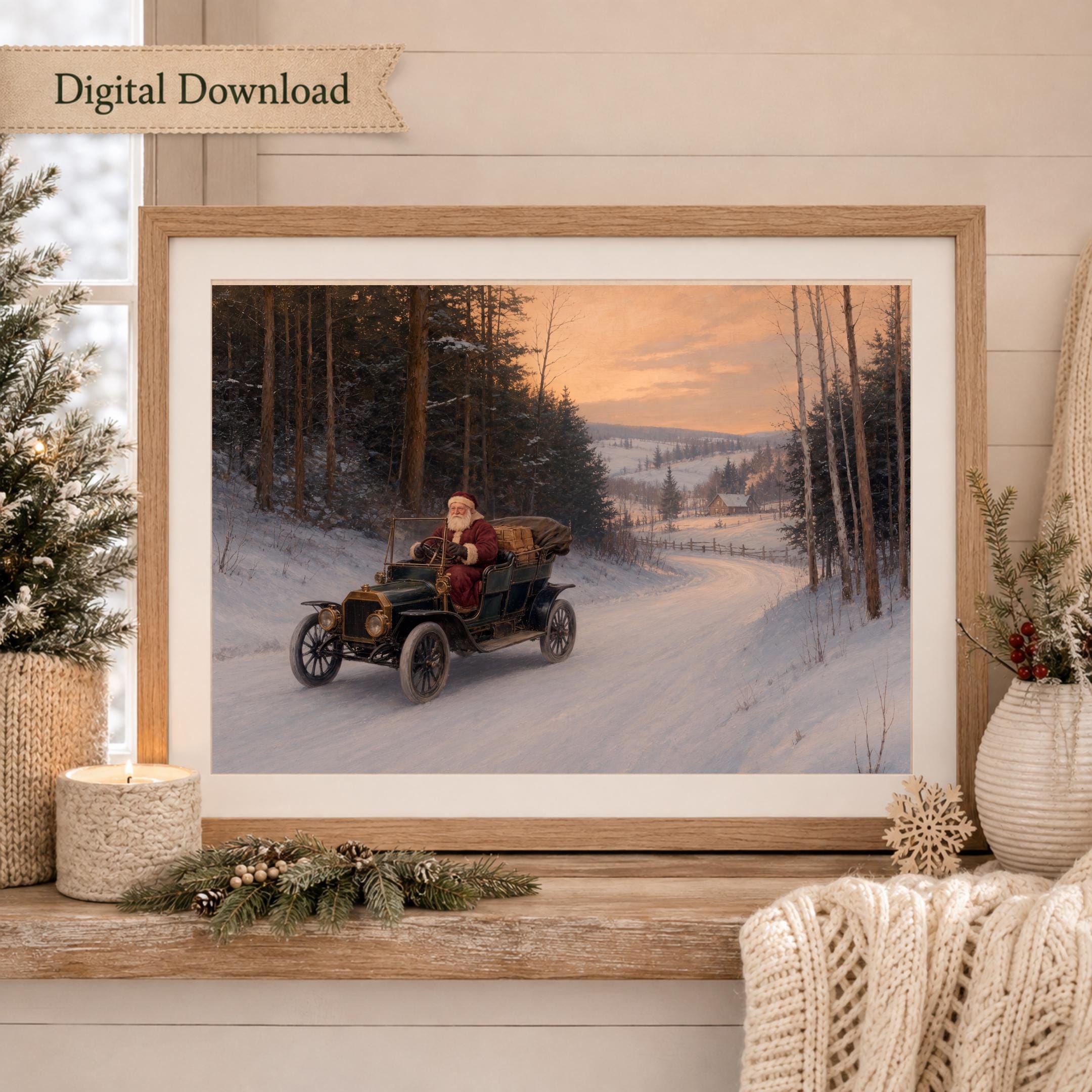Vintage Santa Driving Car Printable Wall Art, Nostalgic Christmas Digital Download — image 6
