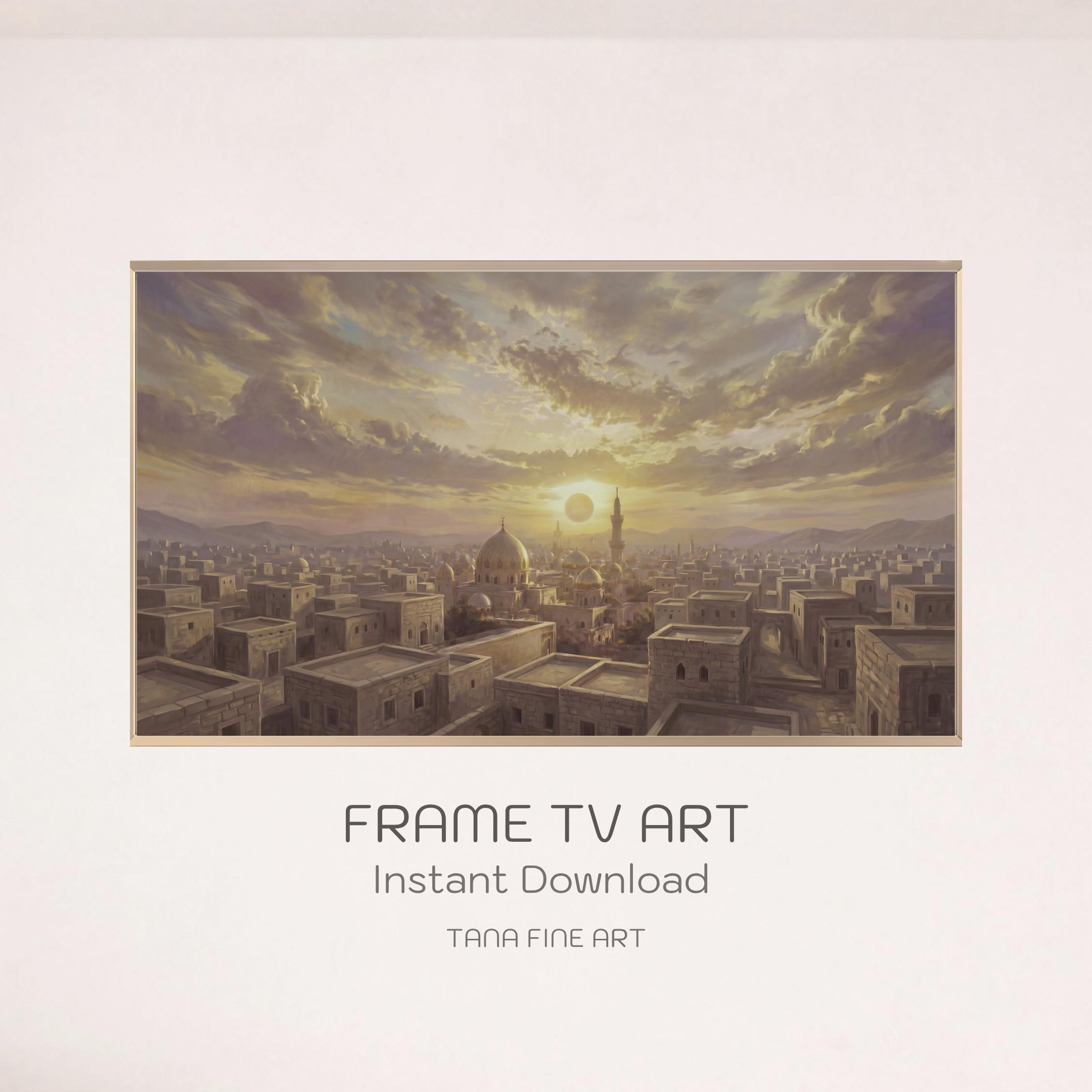 Islamic Sunset Cityscape Frame TV Art, Golden Skyline Art Mode Decor (Digital Download)