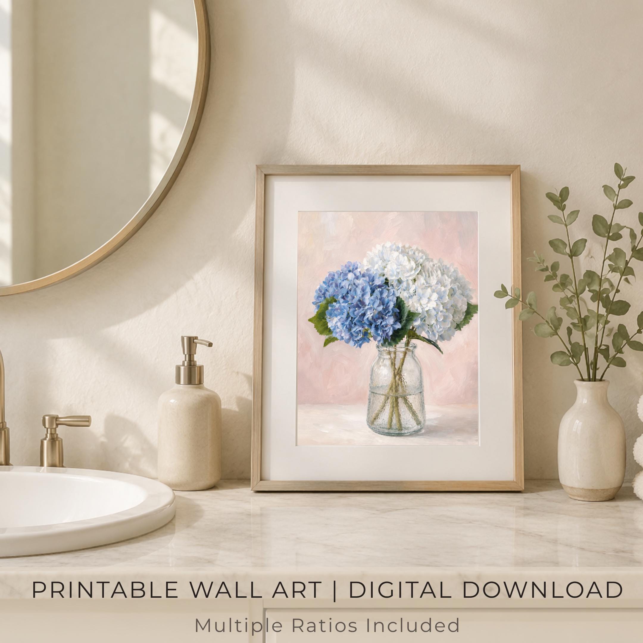 Blue Hydrangea Floral Vase, Neutral Floral Prints, Soft Pink Cottage Wall Art (Digital Download) — image 7