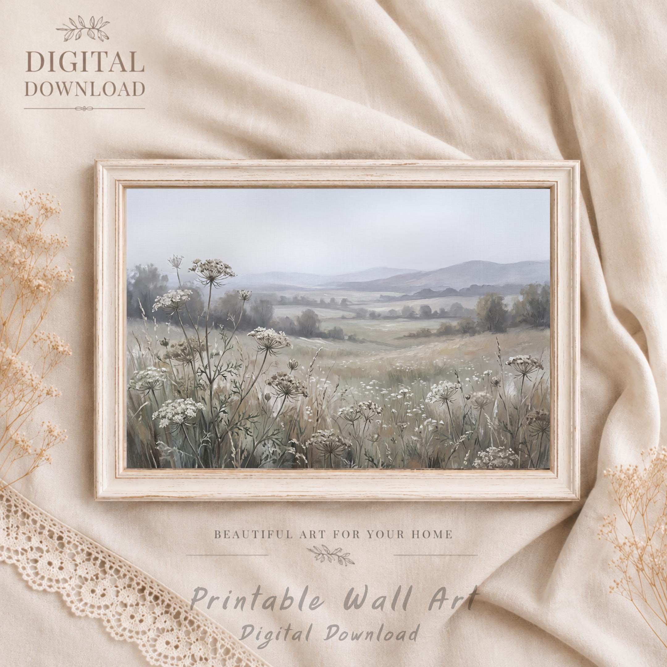 Floral Landscape Print, Neutral Wildflower Meadow Wall Art, Soft Cottage Nature Decor (Digital Download) — image 7