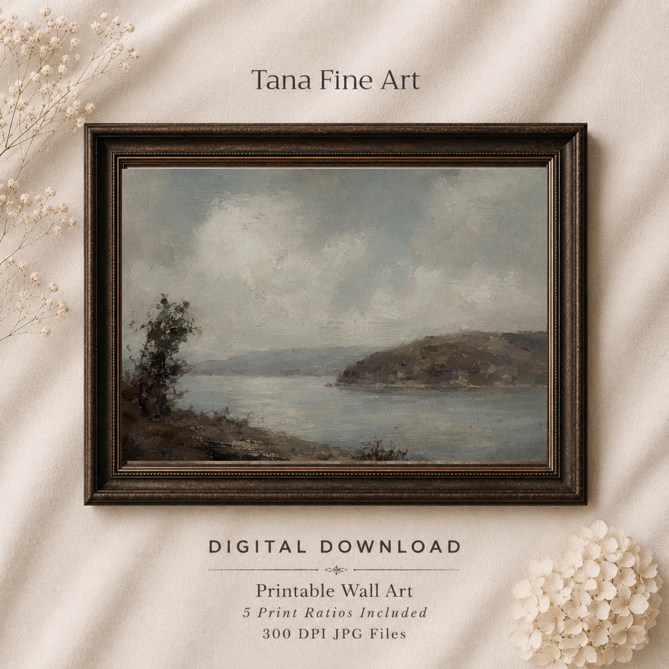 Vintage Lake Landscape Wall Art | Rustic Coastal Nature Print | Moody Painting Digital Download