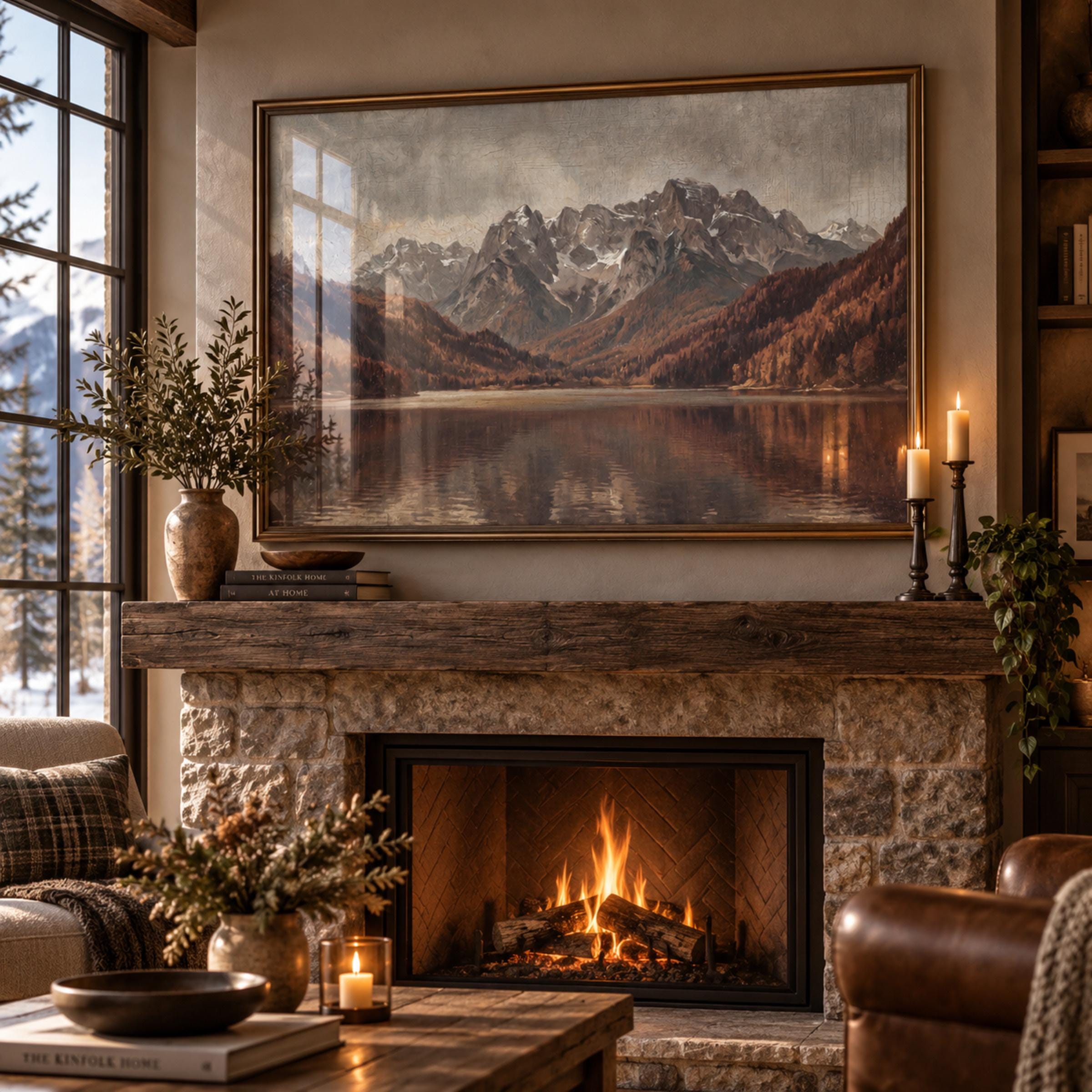 Vintage Fall Mountain Lake Printable Wall Art, Moody Alpine Landscape, Rustic Cabin Digital Download — image 3