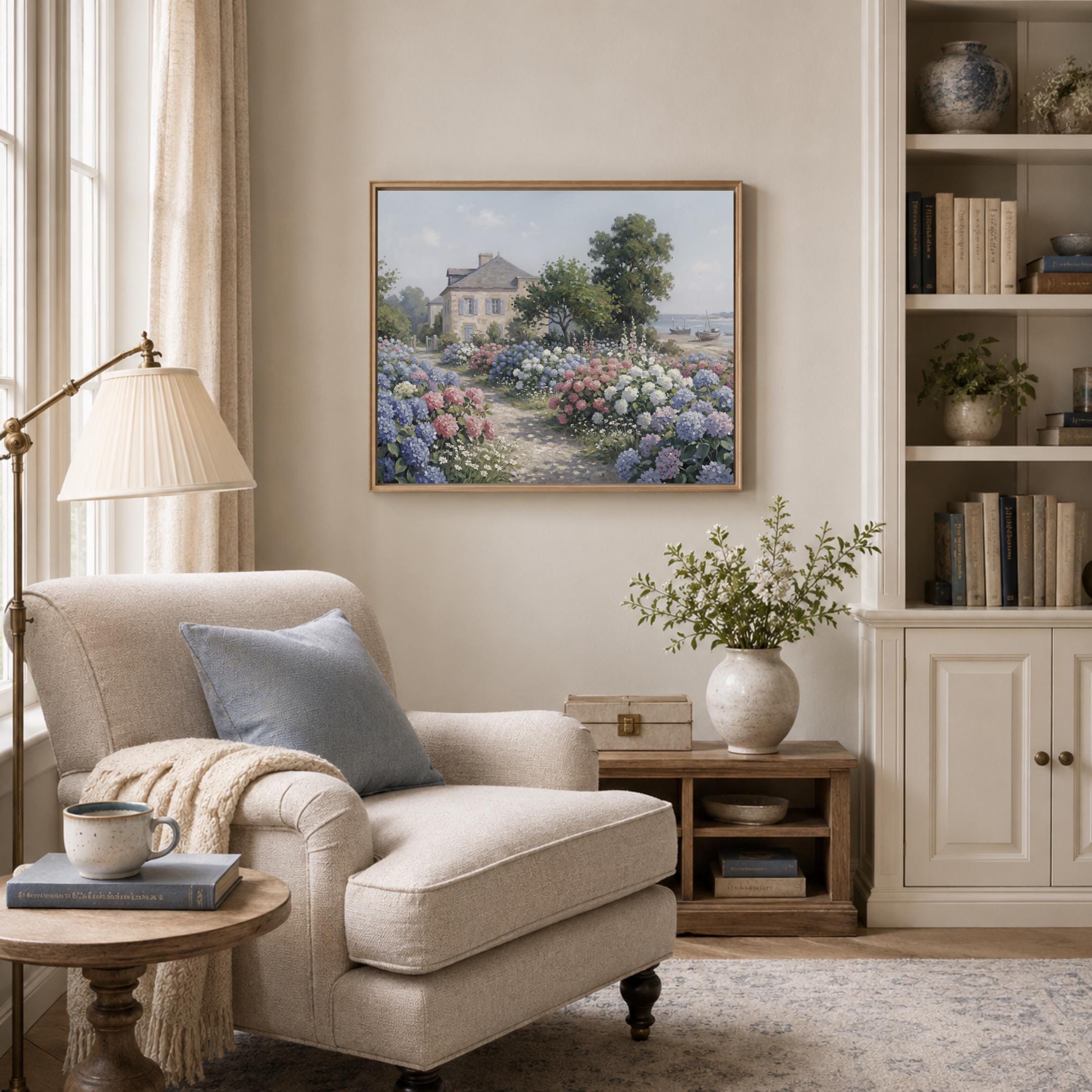 Coastal Hydrangea Garden Print, Seaside Cottage Floral Landscape, Summer Decor (Digital Download) — image 8