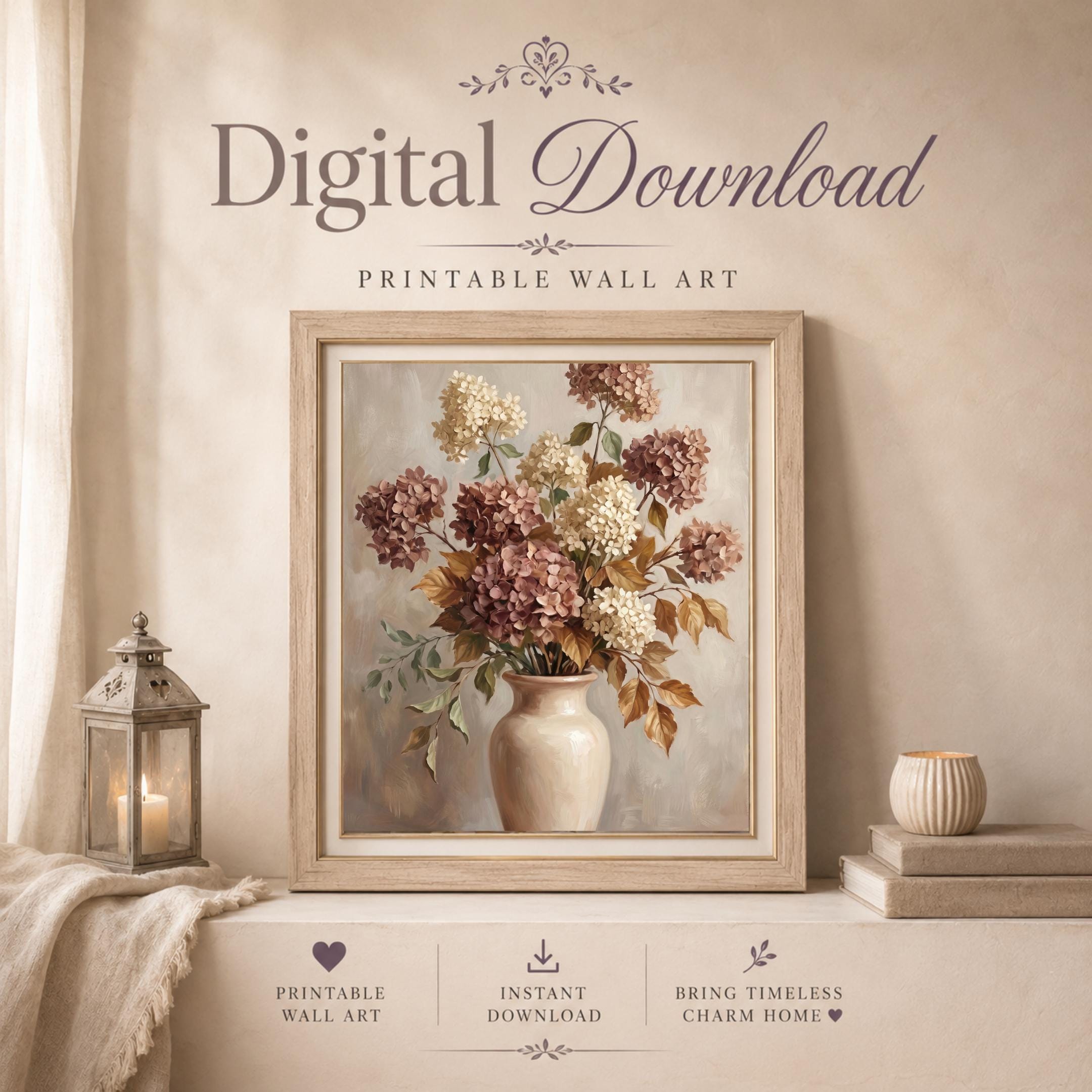 Fall Hydrangea Wall Art, Mauve Cream Floral Vase Print, Autumn Cottage Decor (Digital Download) — image 5