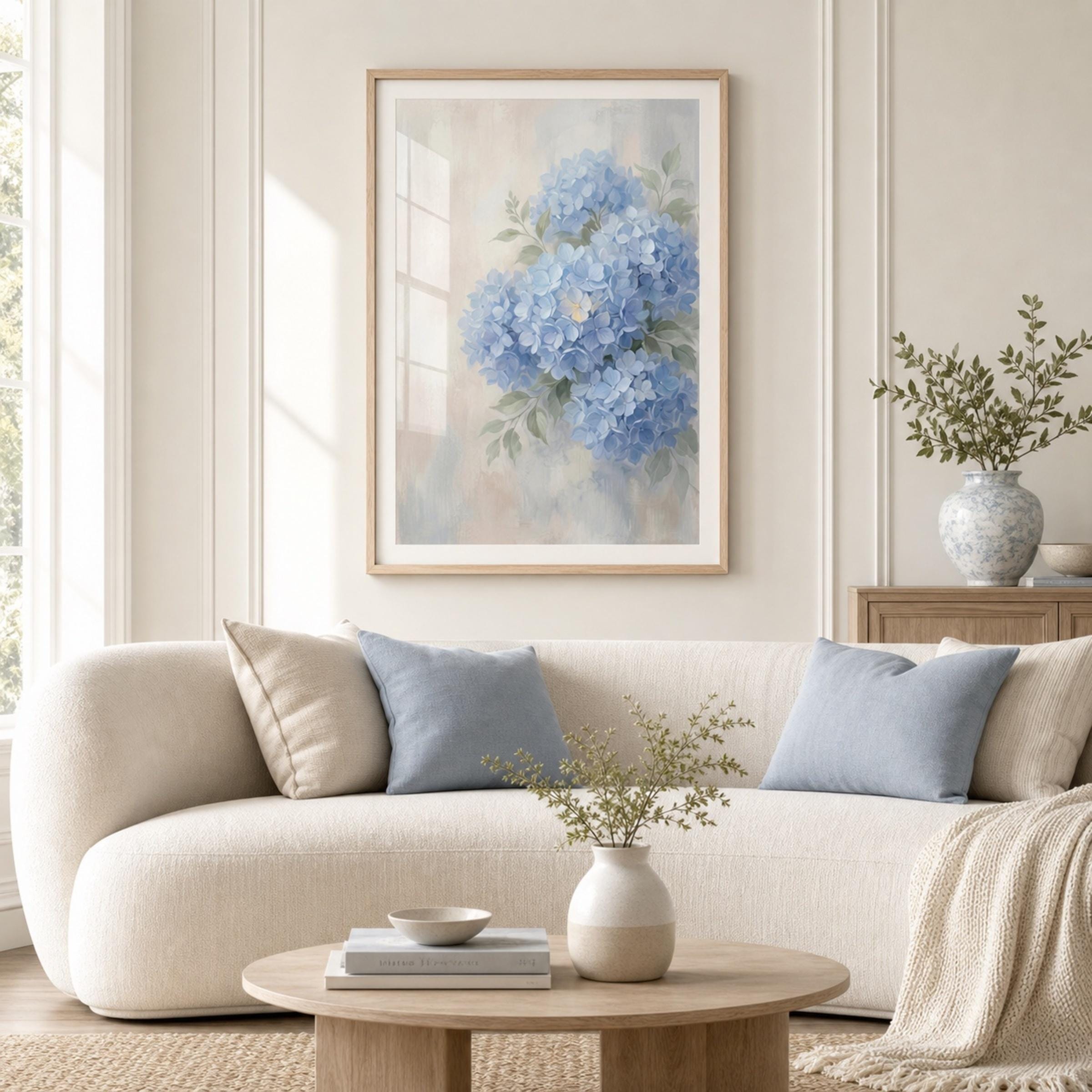 Watercolor Blue Hydrangea Art Print | Neutral Floral Wall Decor (Digital Download) — image 2