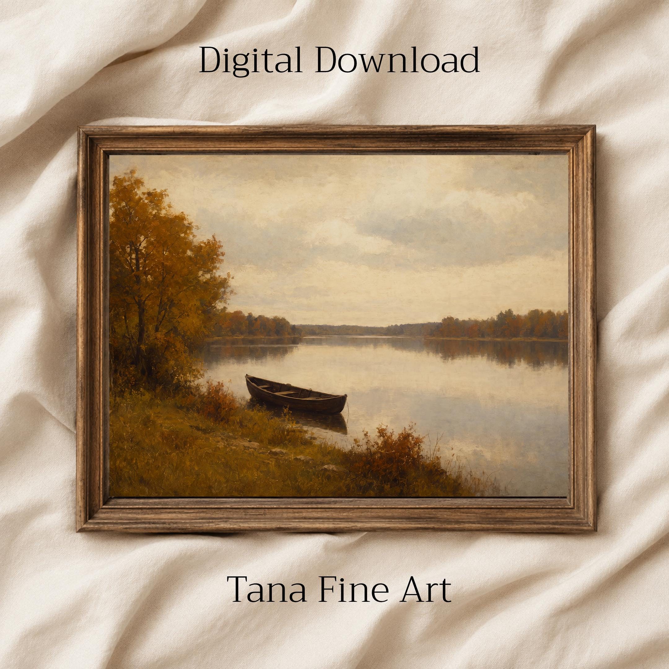 Fall Landscape Wall Art | Vintage Autumn Lake Boat Print | Rustic Printable Digital Download