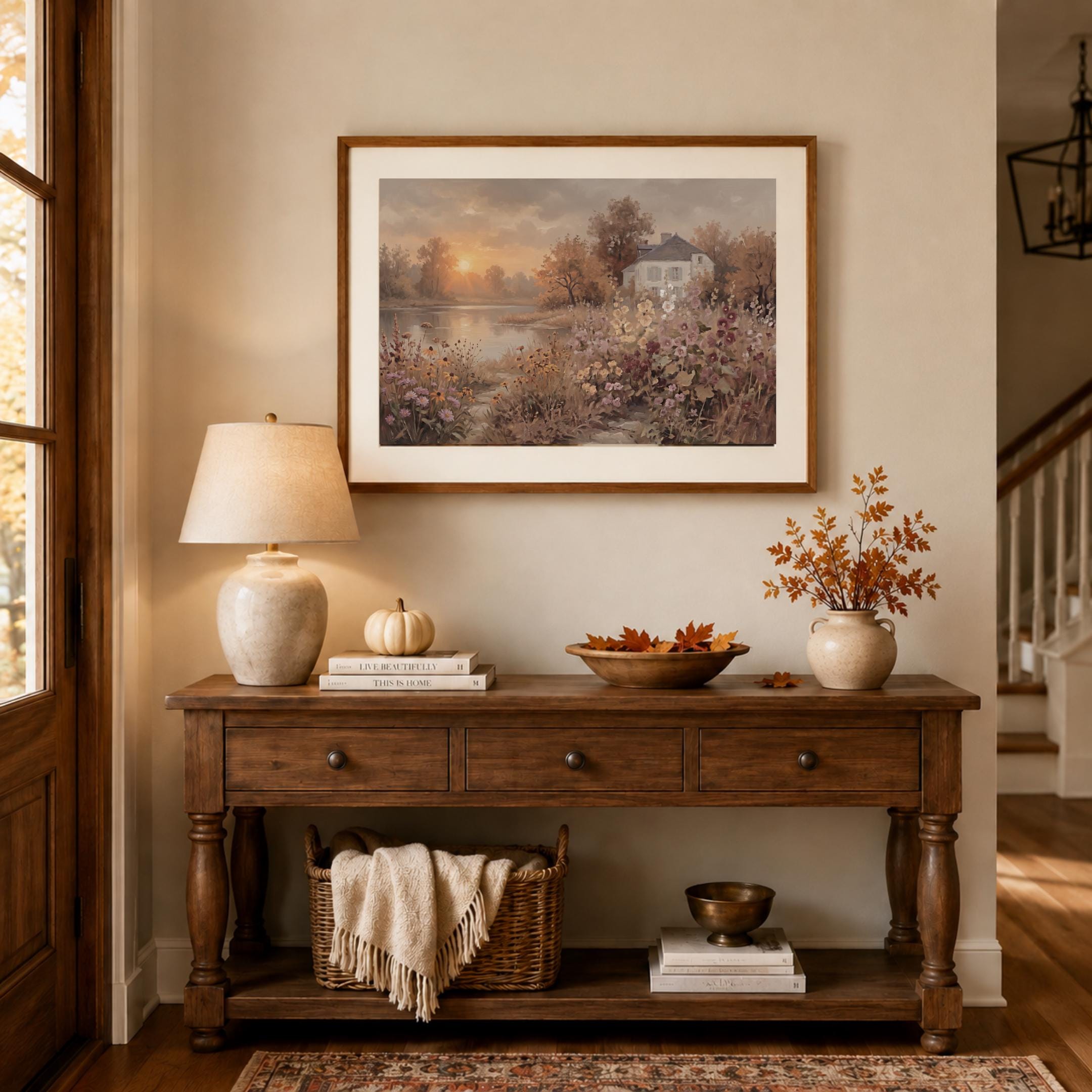 Fall Cottage Lake Wall Art, Autumn Floral Landscape Print, Rustic Farmhouse Decor (Digital Download) — image 5