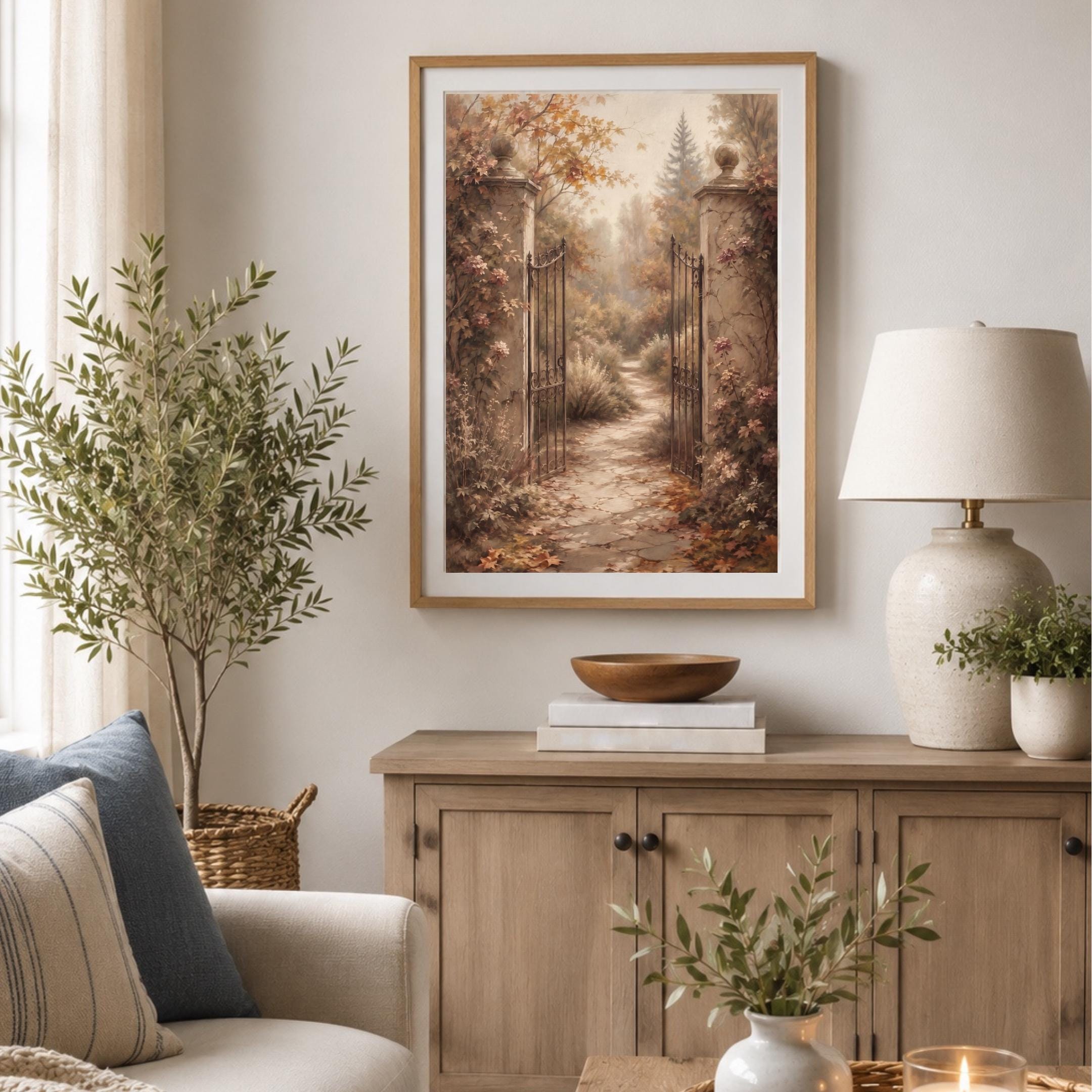 Vintage Fall Garden Gate Wall Art, Autumn Secret Garden Path, Cottage Decor, Digital Download — image 4