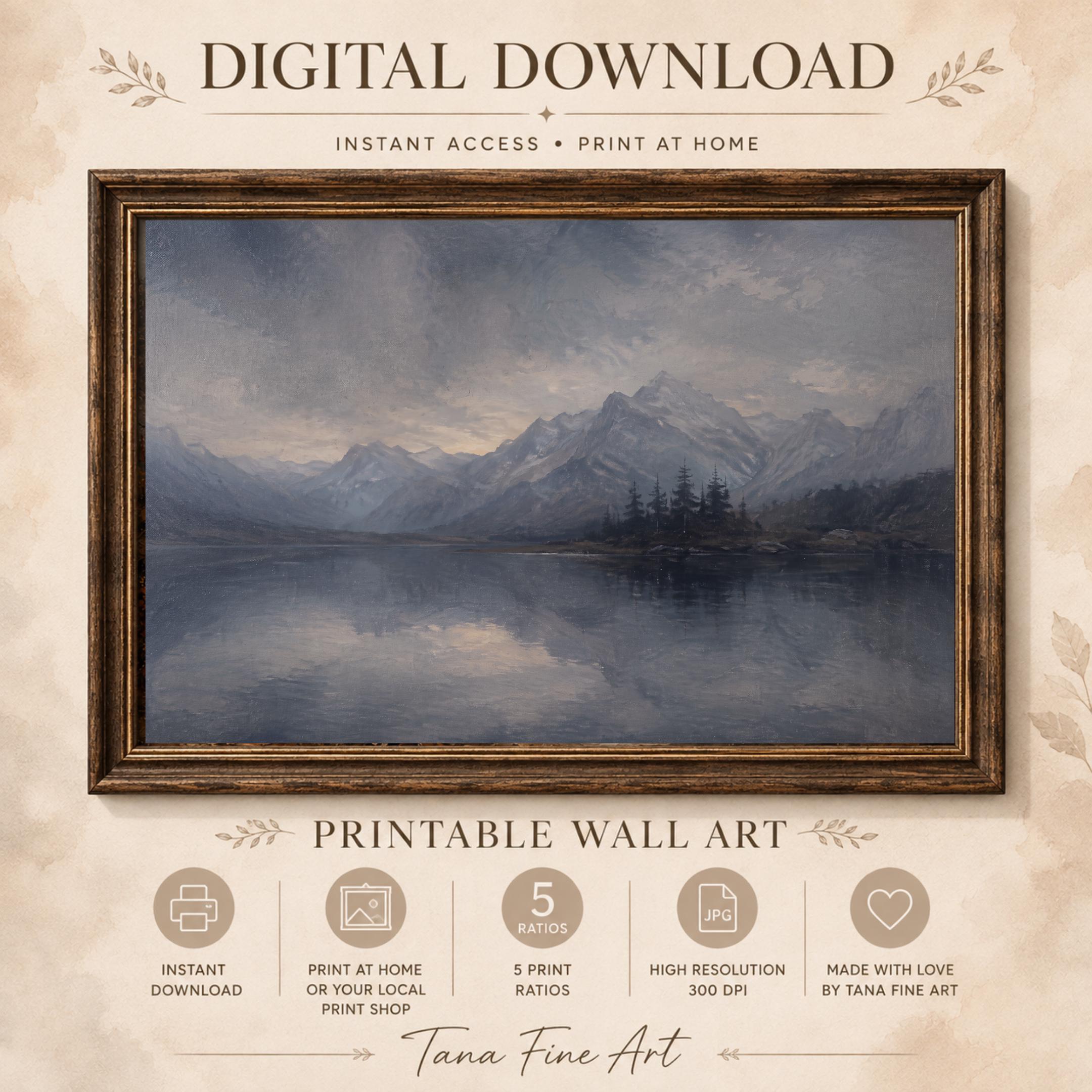 Moody Mountain Lake Printable Wall Art, Vintage Alpine Landscape, Rustic Cabin Dark Academia Decor — image 7