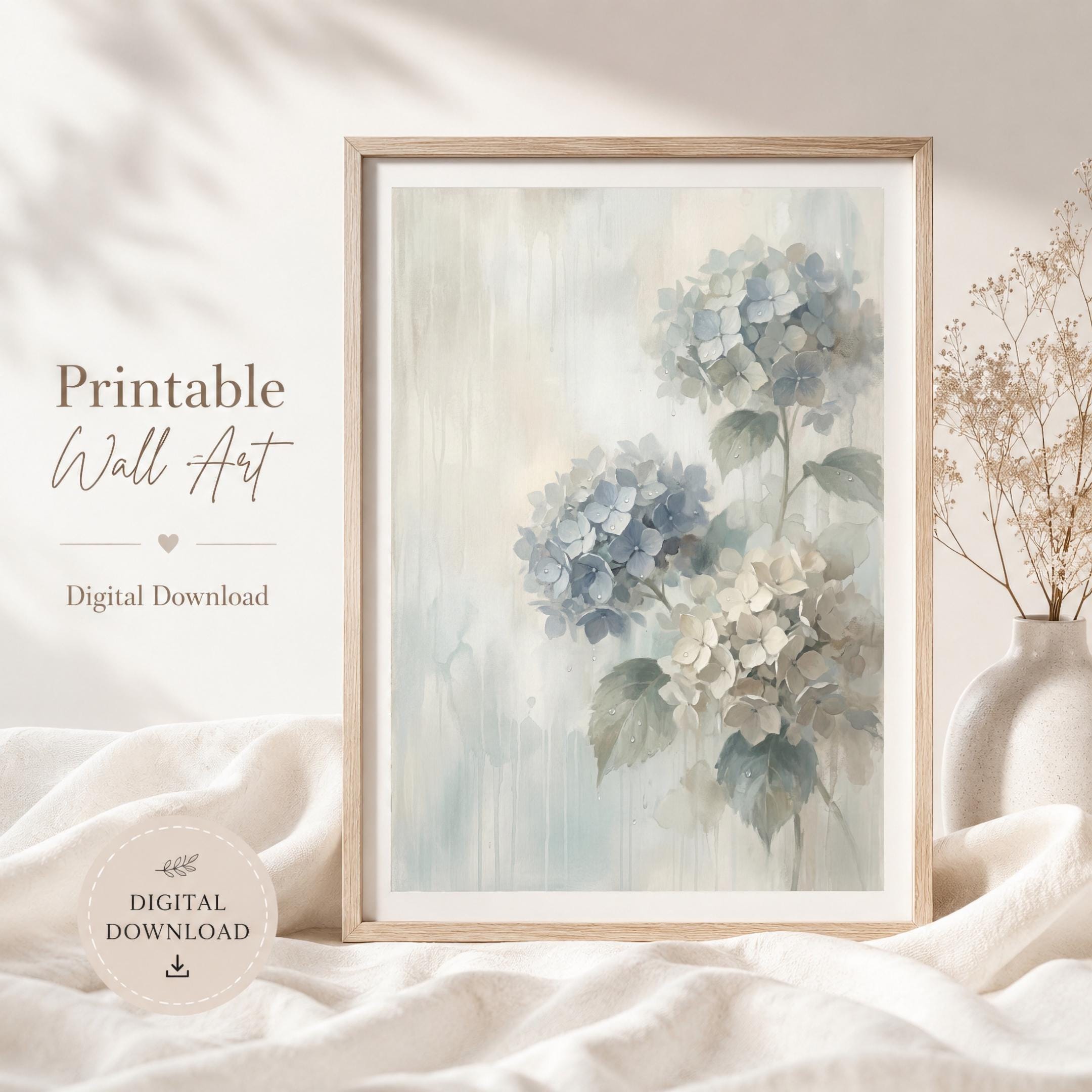 Rainy Blue Hydrangea Wall Art Printable | Neutral Floral Rainy Botanical Decor (Digital Download)