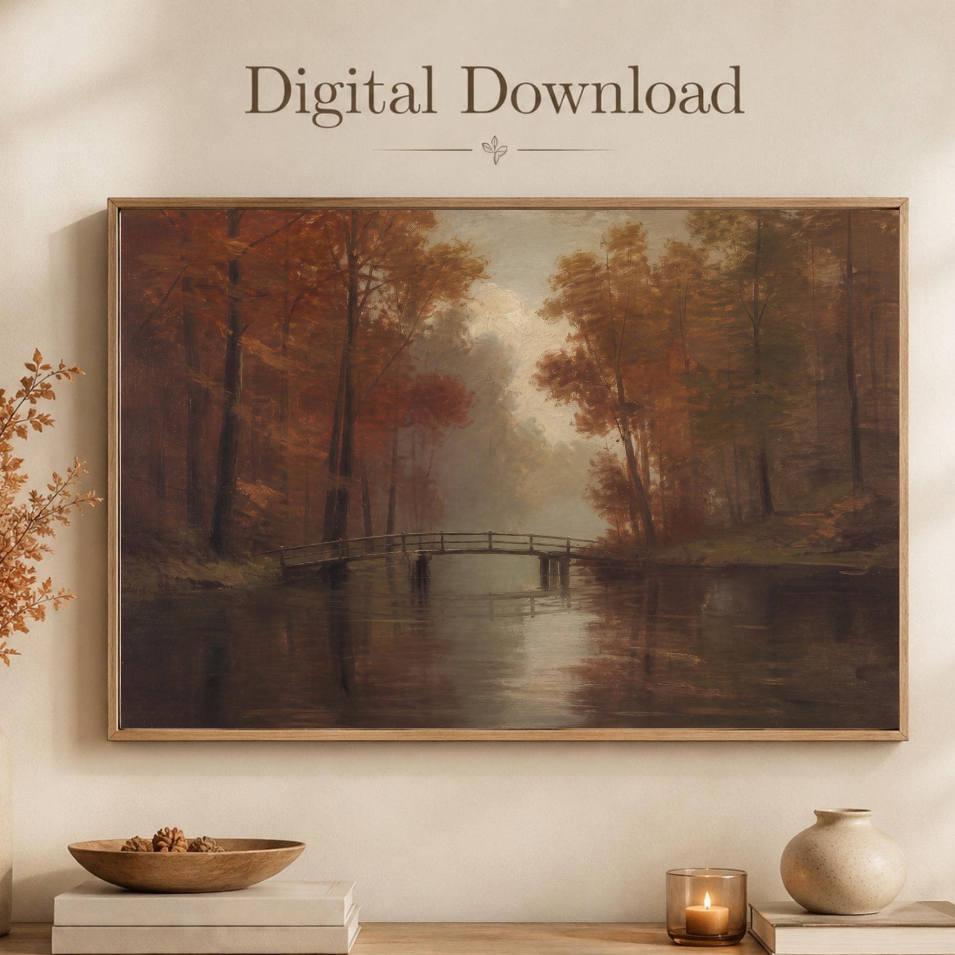 Moody Fall Forest Wall Art | Autumn River Bridge Print | Vintage Landscape Printable Digital Download