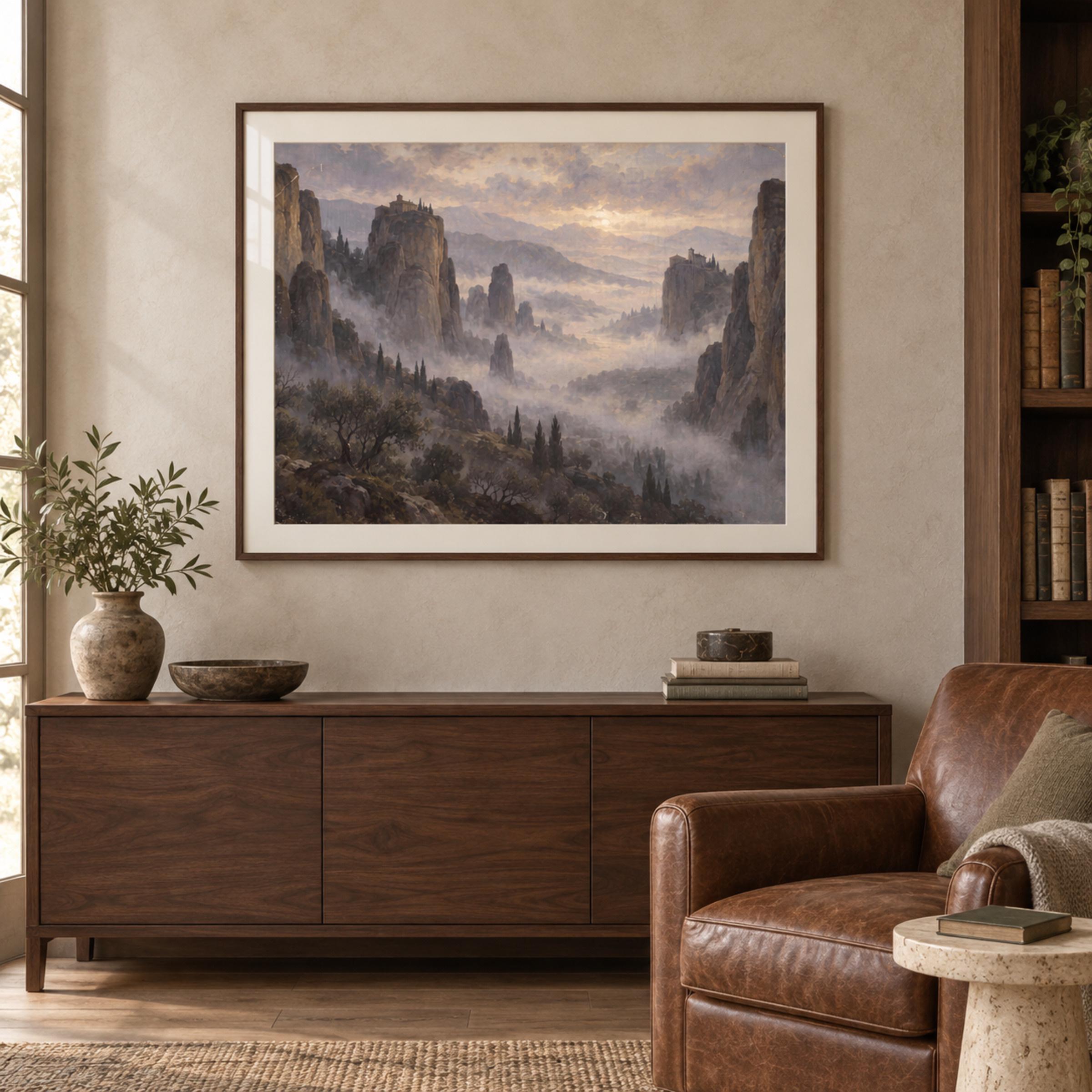 Vintage Misty Mountain Wall Art, Cliffside Monastery Landscape, Ethereal Valley, Rustic Mediterranean Digital Download — image 3