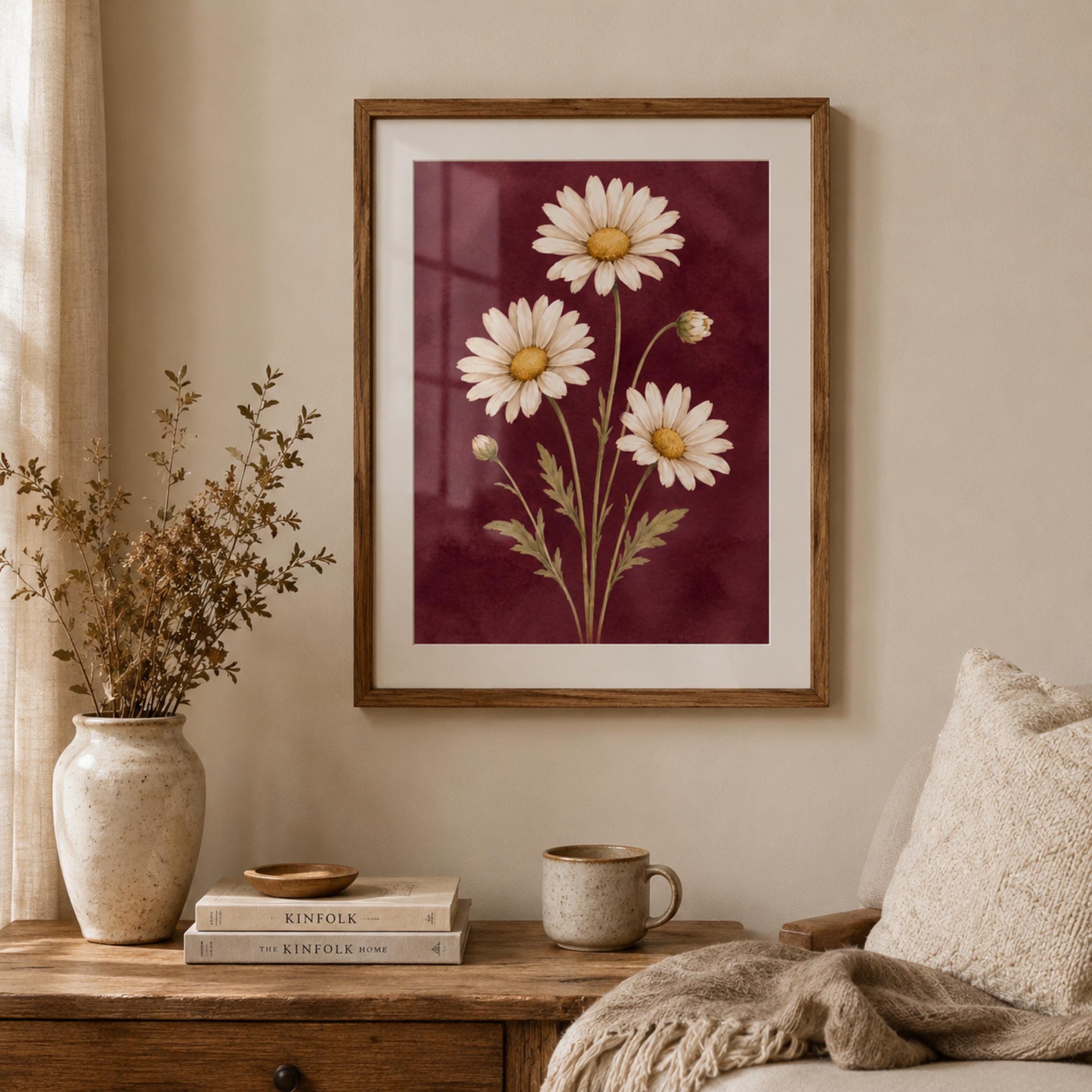 Moody April Birth Flower Print | Daisy Wall Art | Vintage Botanical Digital Download — image 3