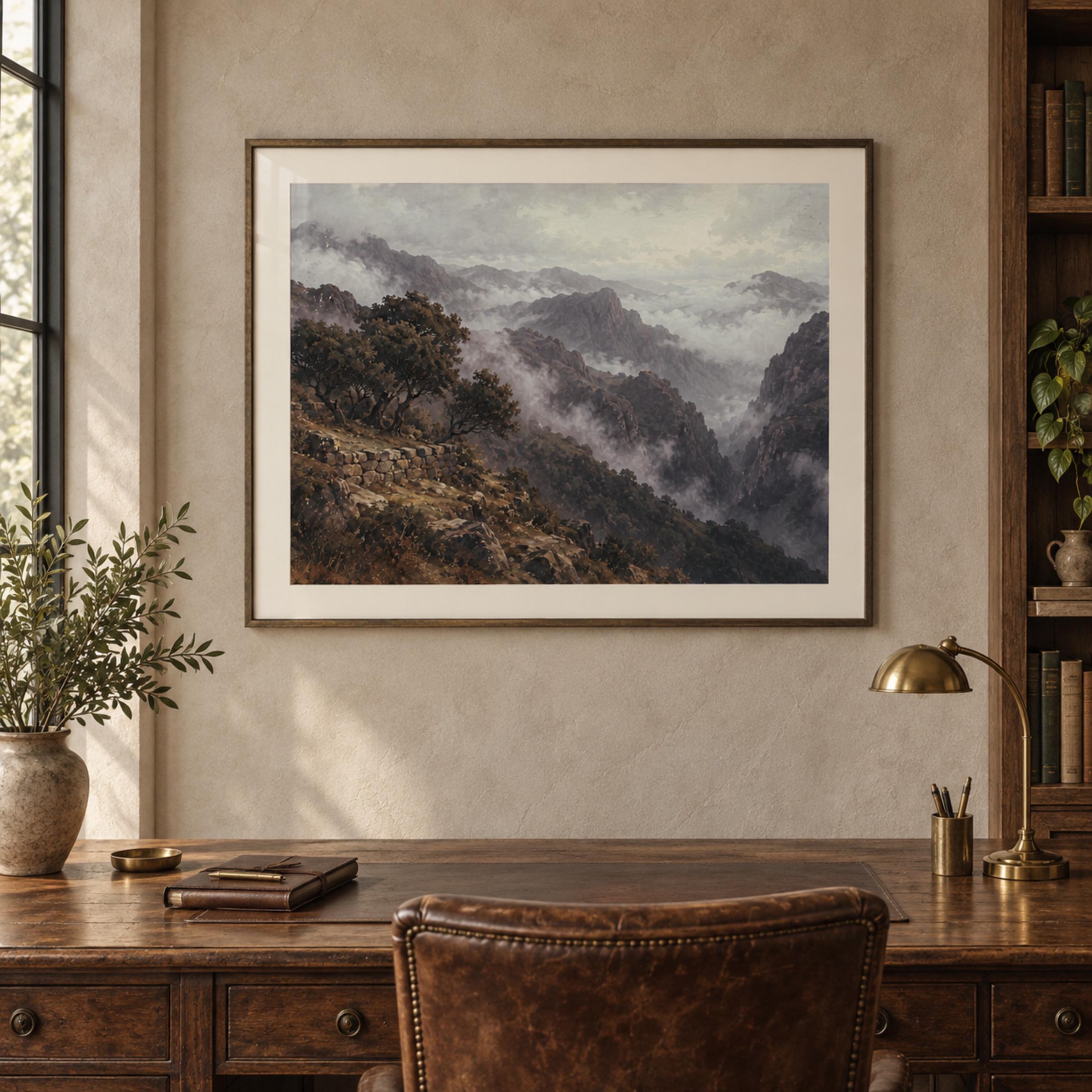 Vintage Misty Mountain Wall Art, Moody Valley Landscape, Rustic Wilderness Dark Academia, Digital Download — image 3