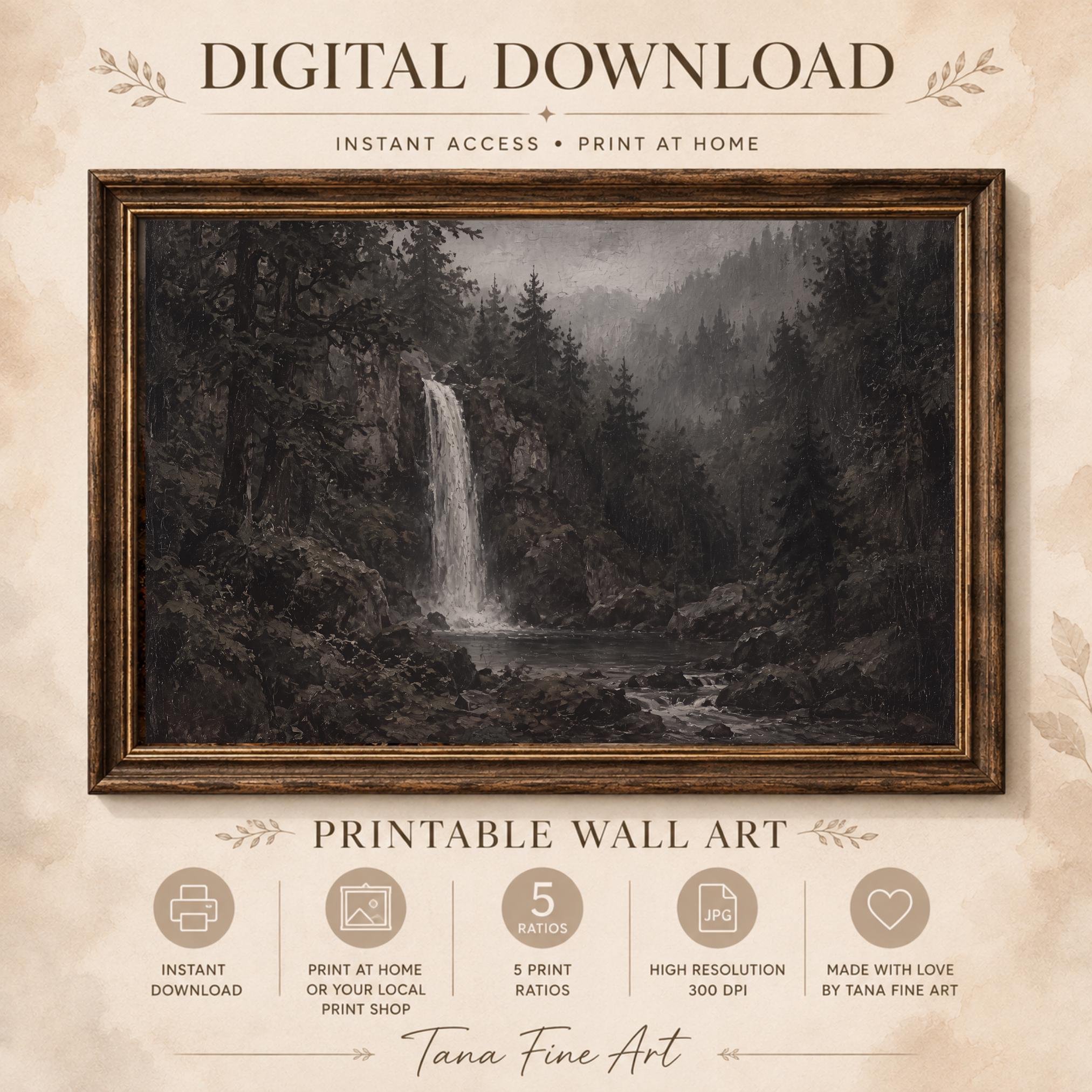 Moody Waterfall Printable Wall Art, Dark Forest Landscape, Rustic Cabin Decor Digital Download — image 5