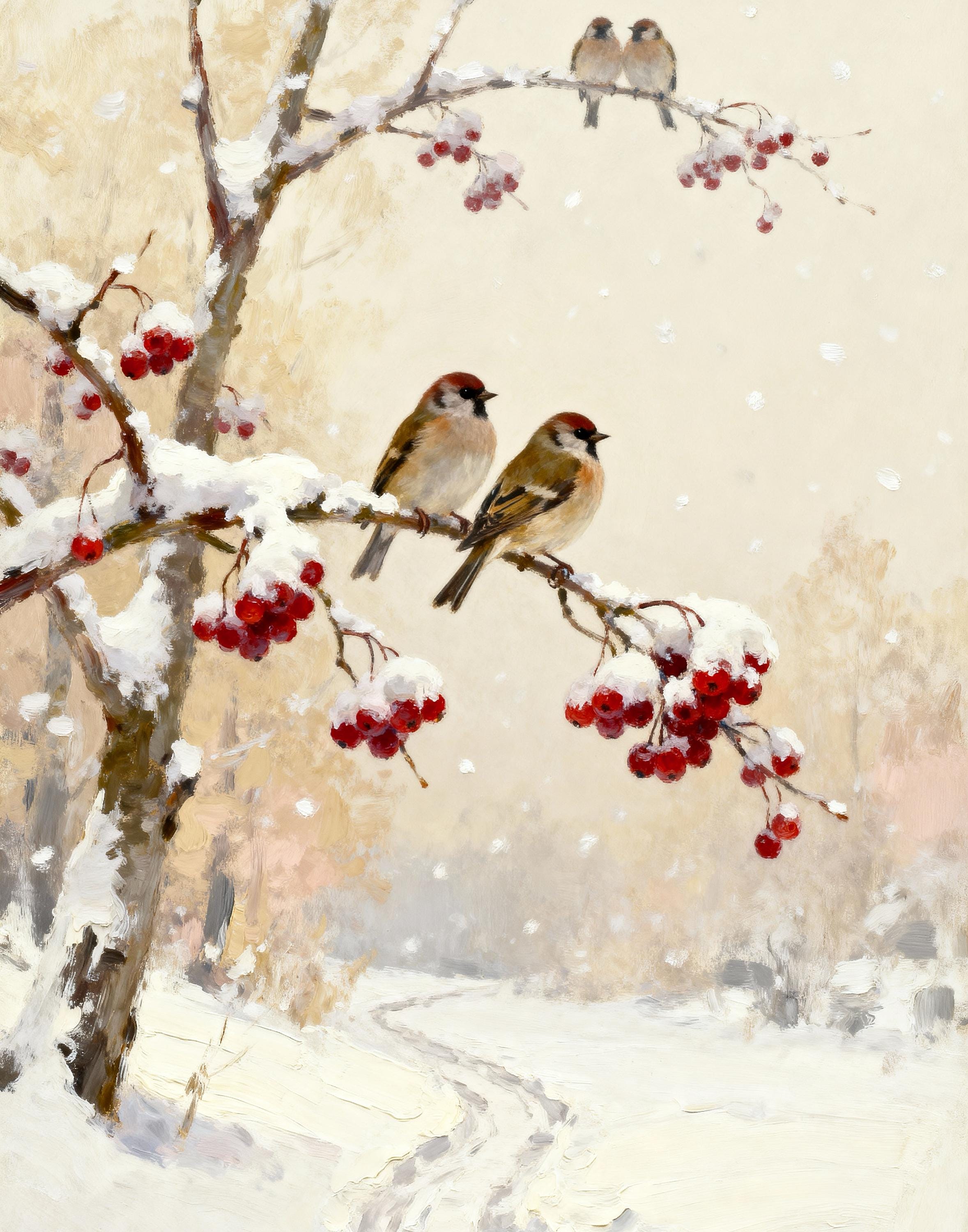 Winter Bird Wall Art | Snowy Red Berry Print | Christmas Printable Digital Download — image 2