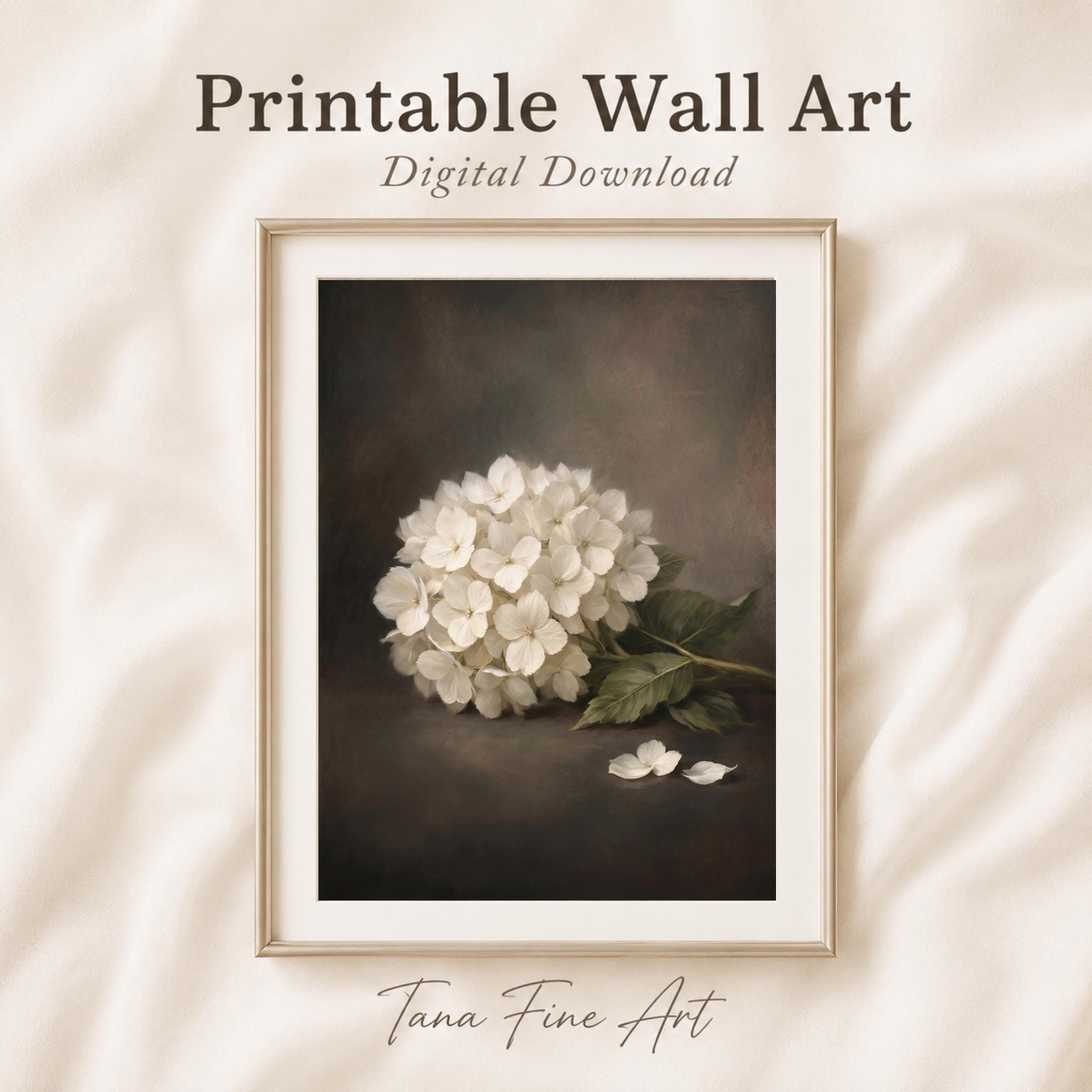 White Hydrangea Still Life Wall Art, Moody Floral Prints, Antique Floral Decor (Digital Download) — image 5