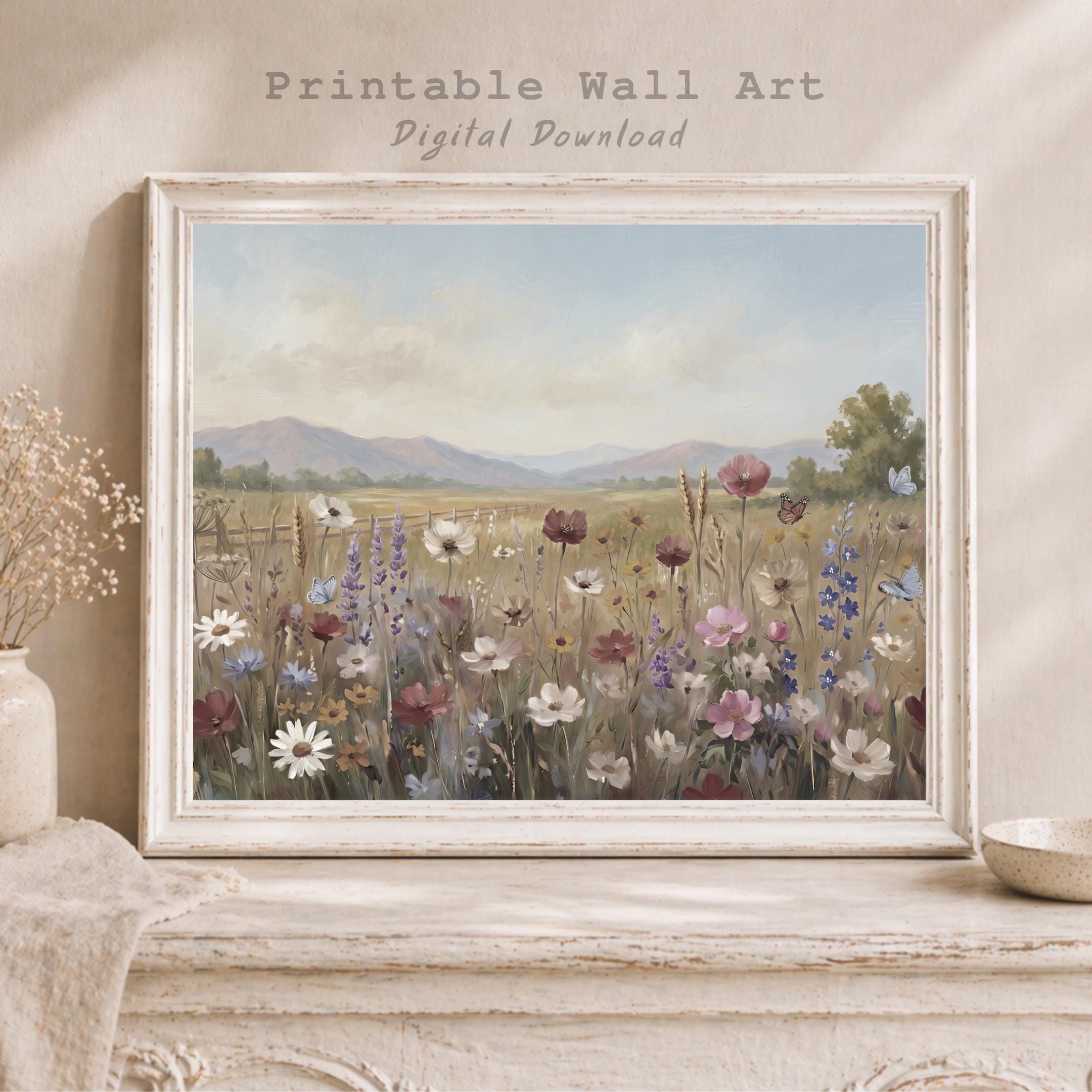 Floral Landscape Print, Cottage Meadow Wall Art, Summer Wildflower and Butterfly Print (Digital Download) — image 3