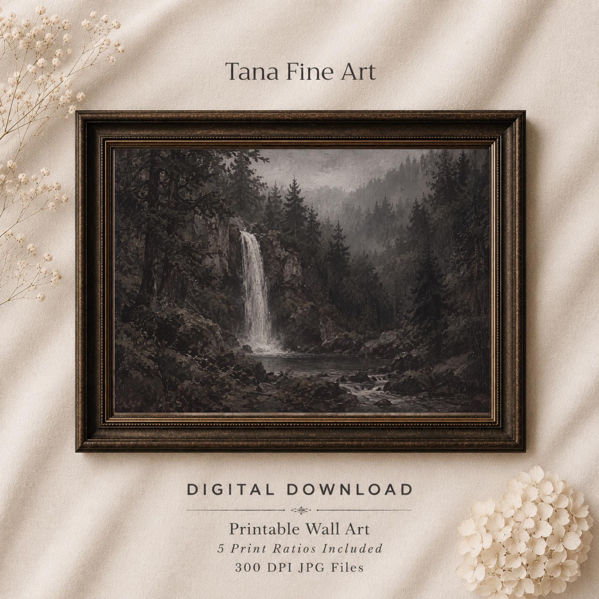 Moody Waterfall Printable Wall Art, Dark Forest Landscape, Rustic Cabin Decor Digital Download