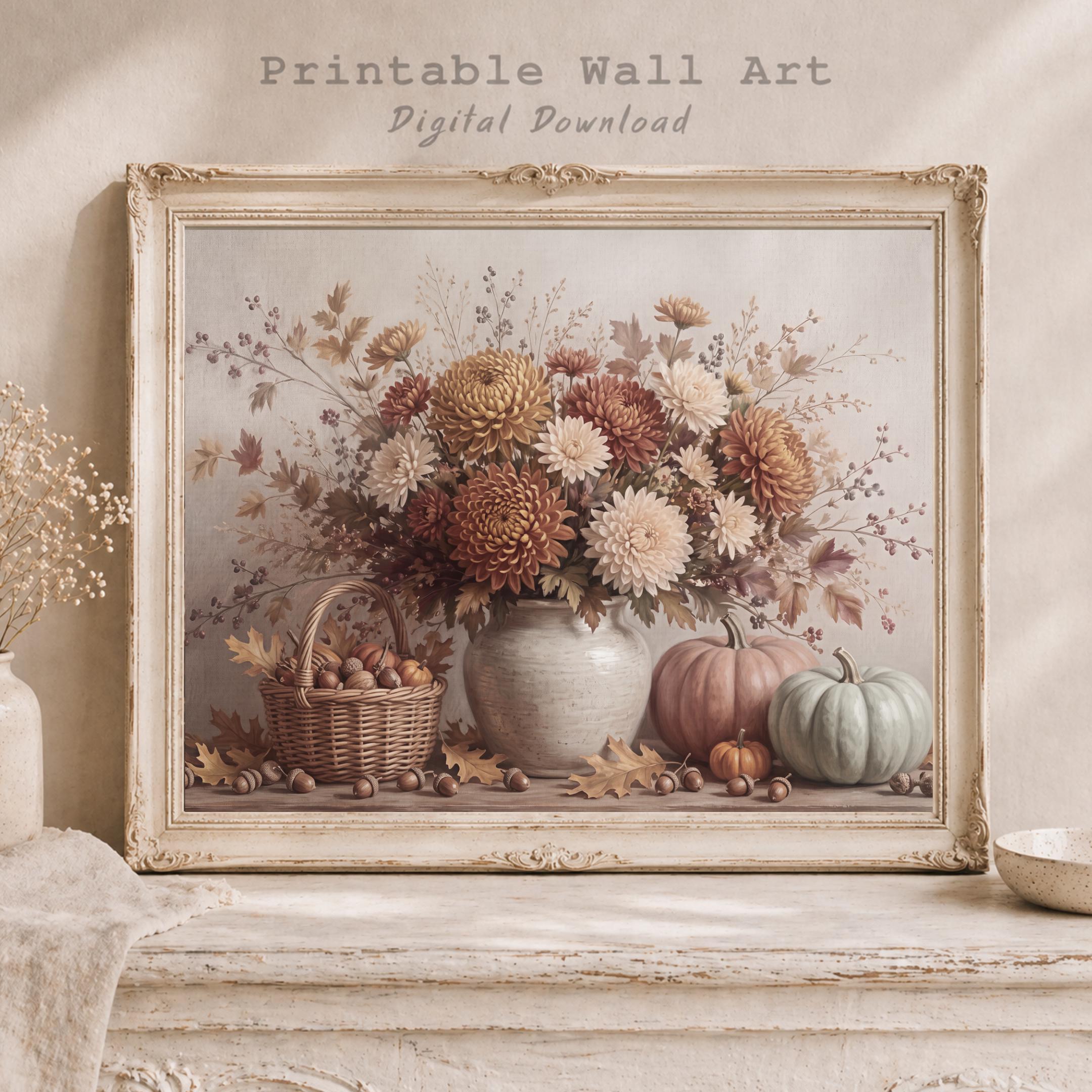 Chrysanthemum Pumpkin Still Life | Fall Floral Wall Art | Rustic Printable Digital Download Decor — image 10