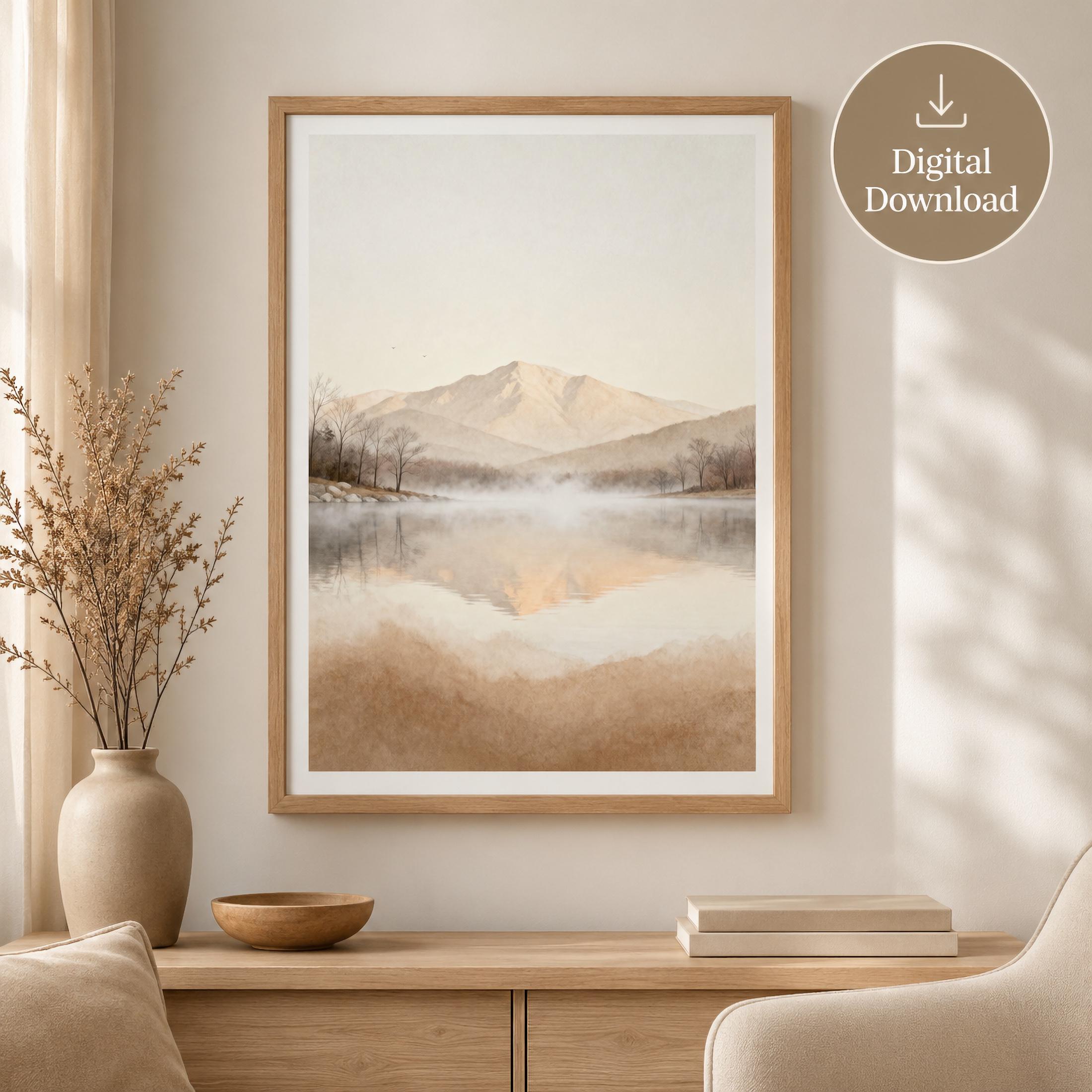 Neutral Mountain Lake Printable Wall Art, Misty Landscape, Minimalist Bedroom Decor Digital Download