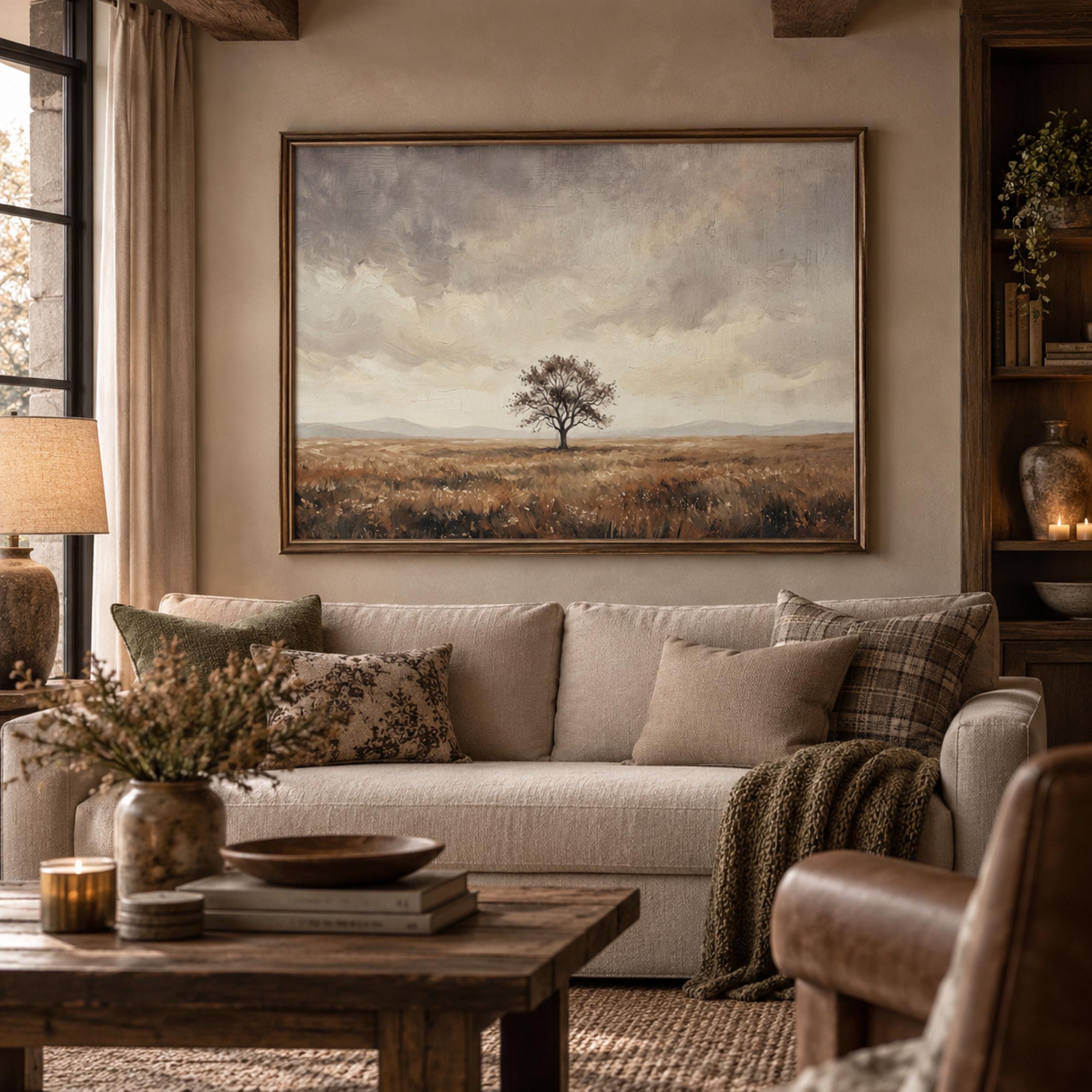 Solitary Tree Printable Wall Art, Vintage Meadow Landscape, Neutral Earthy Rustic Farmhouse Digital Download — image 4