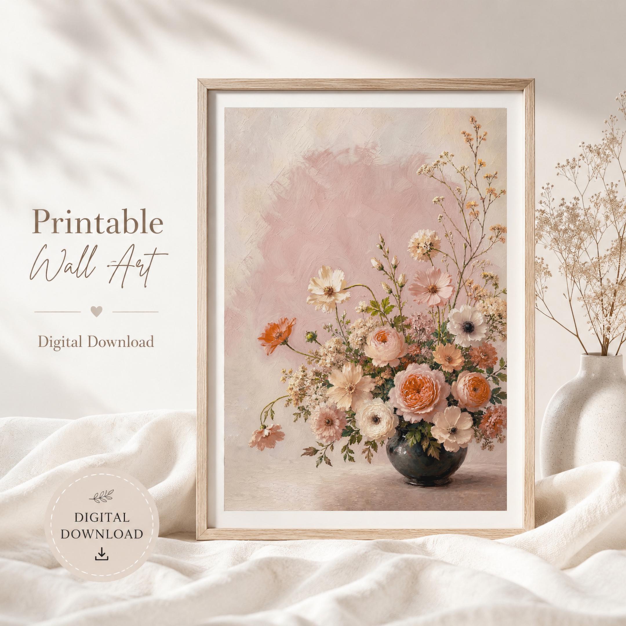 Peach Summer Floral Vase Printable Wall Art, Blush Boho Cottage Home Decor Digital Download — image 5