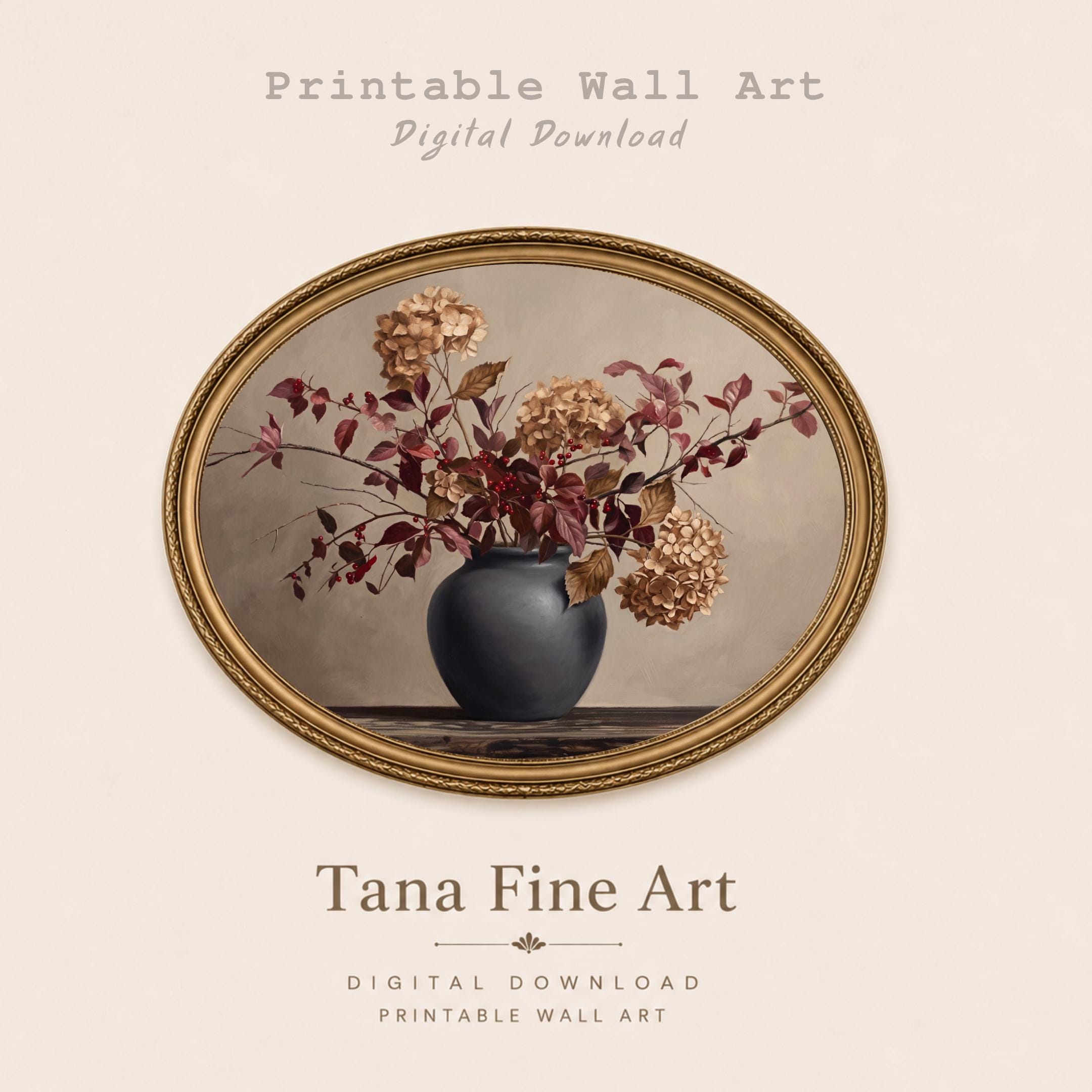 Dried Hydrangea Wall Art, Fall Moody Burgundy Botanical, Dried Flower Print (Digital Download) — image 8