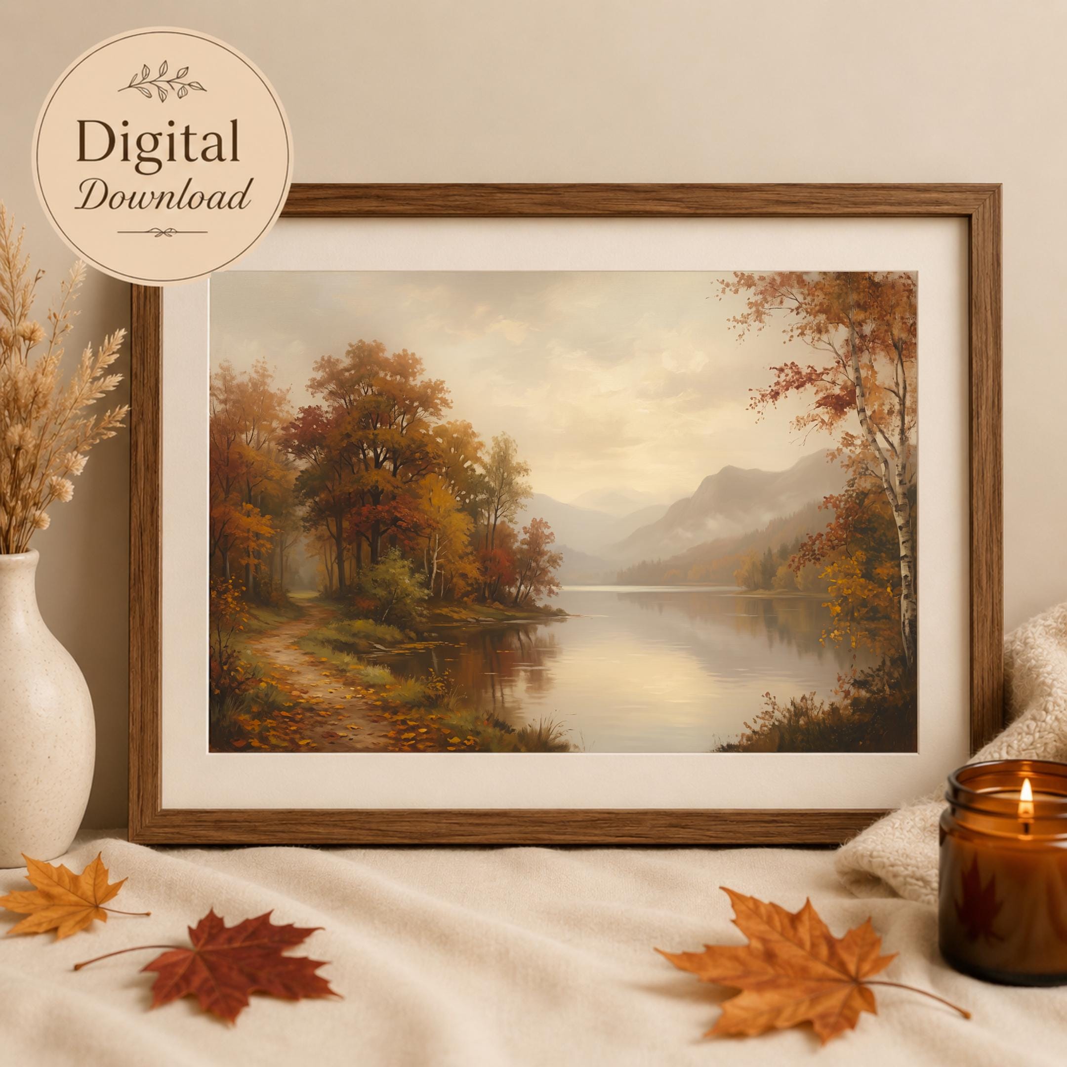 Autumn Lake Landscape Print, Moody Countryside Landscape, Rustic Fall Decor (Digital Download) — image 3