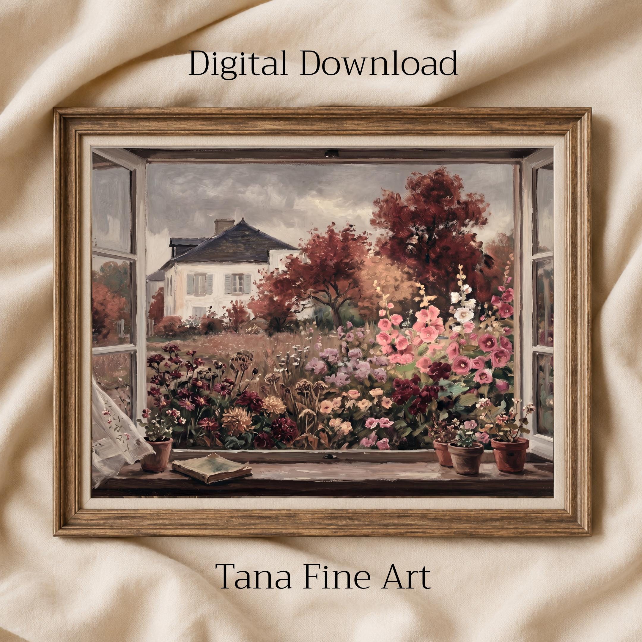 Autumn Cottage Window Wall Art, Moody Floral Garden Landscape, Rustic Fall Decor (Digital Download)