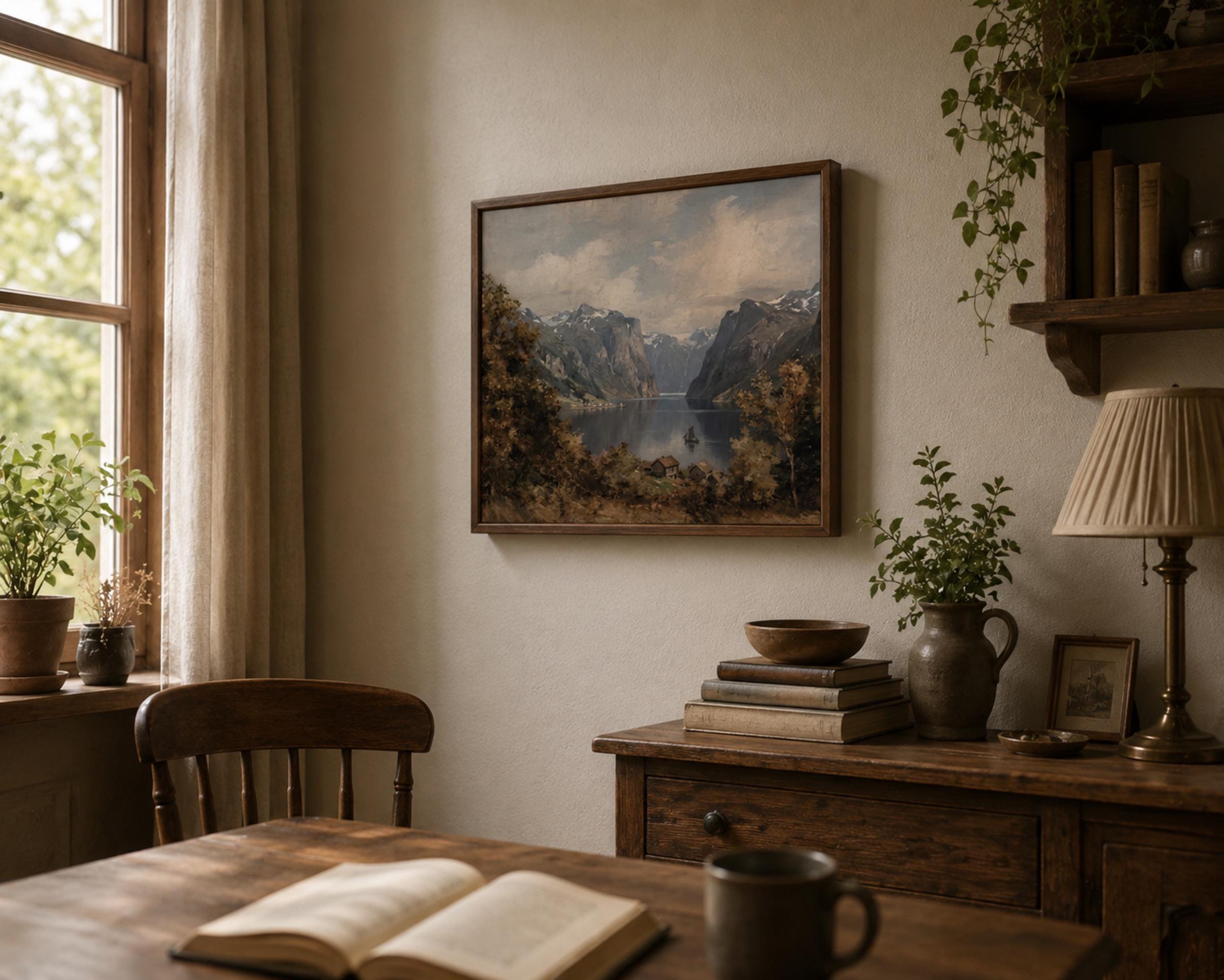 Scandinavian Mountain Lake Print | Norwegian Fjord Wall Art | Moody Vintage Landscape Digital Download — image 4