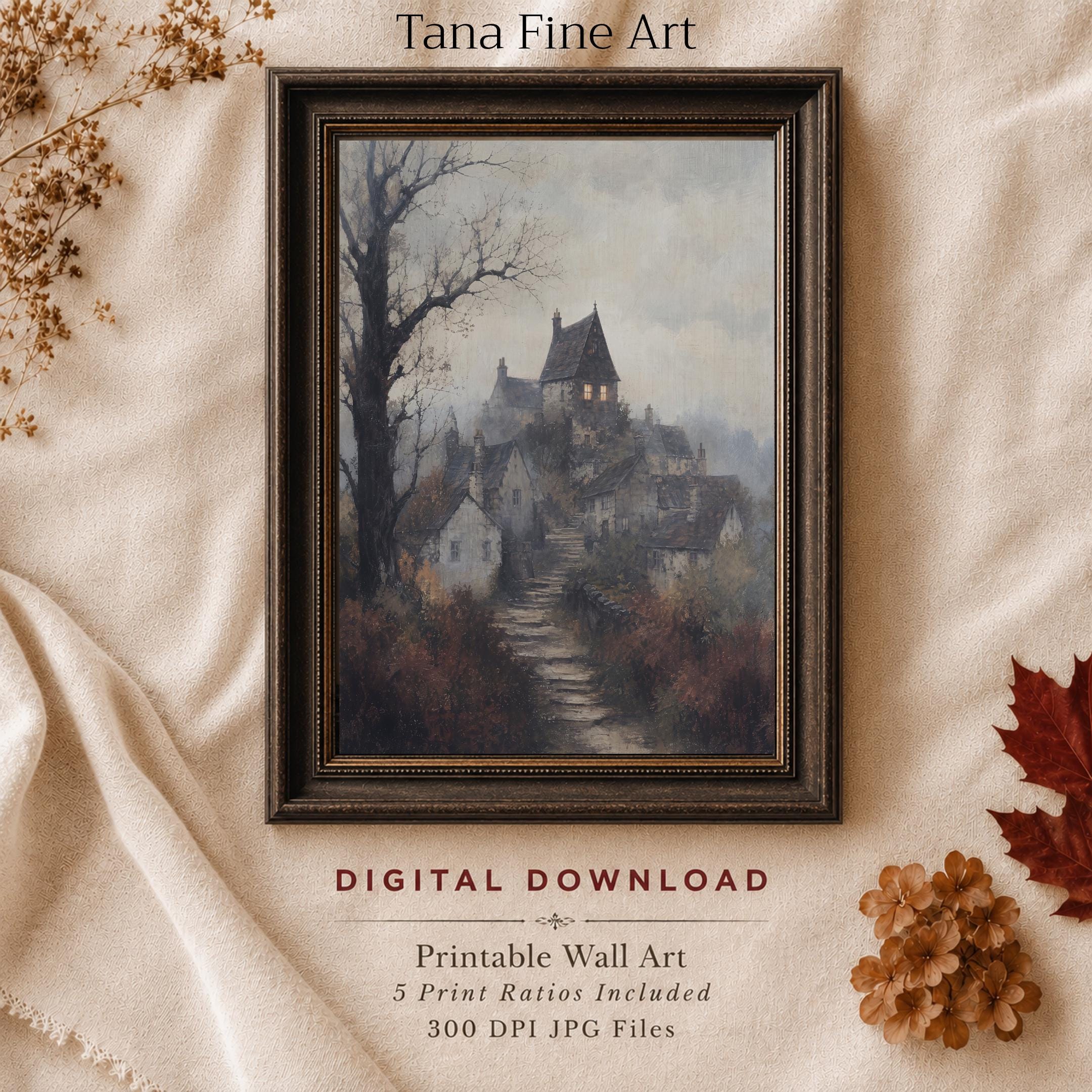 Moody Vintage Village Printable Wall Art, Gothic English Cottage Digital Download