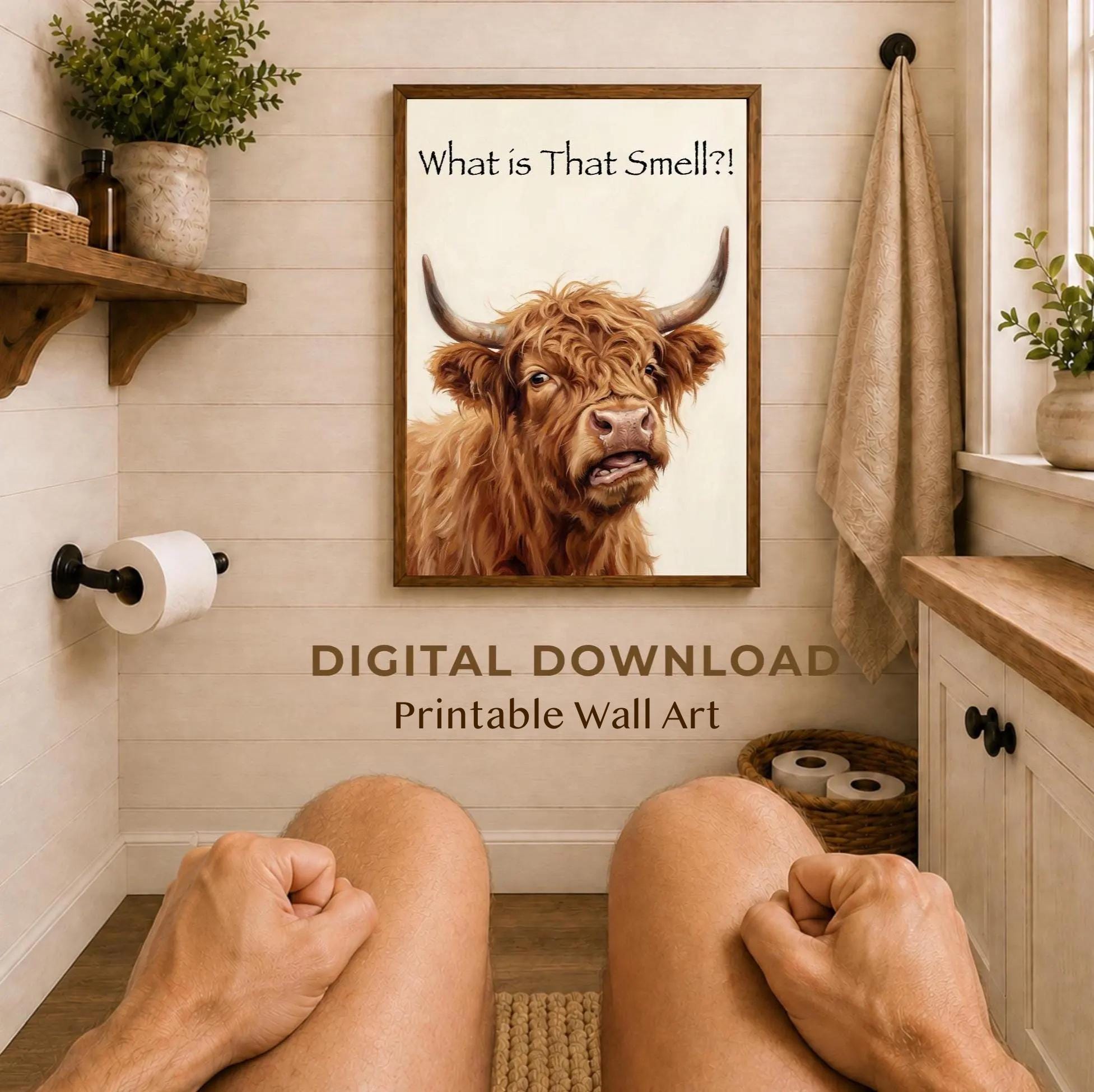 Funny Highland Cow Bathroom Prints  | Farmhouse Guest Bathroom Decor  (Digital Download)