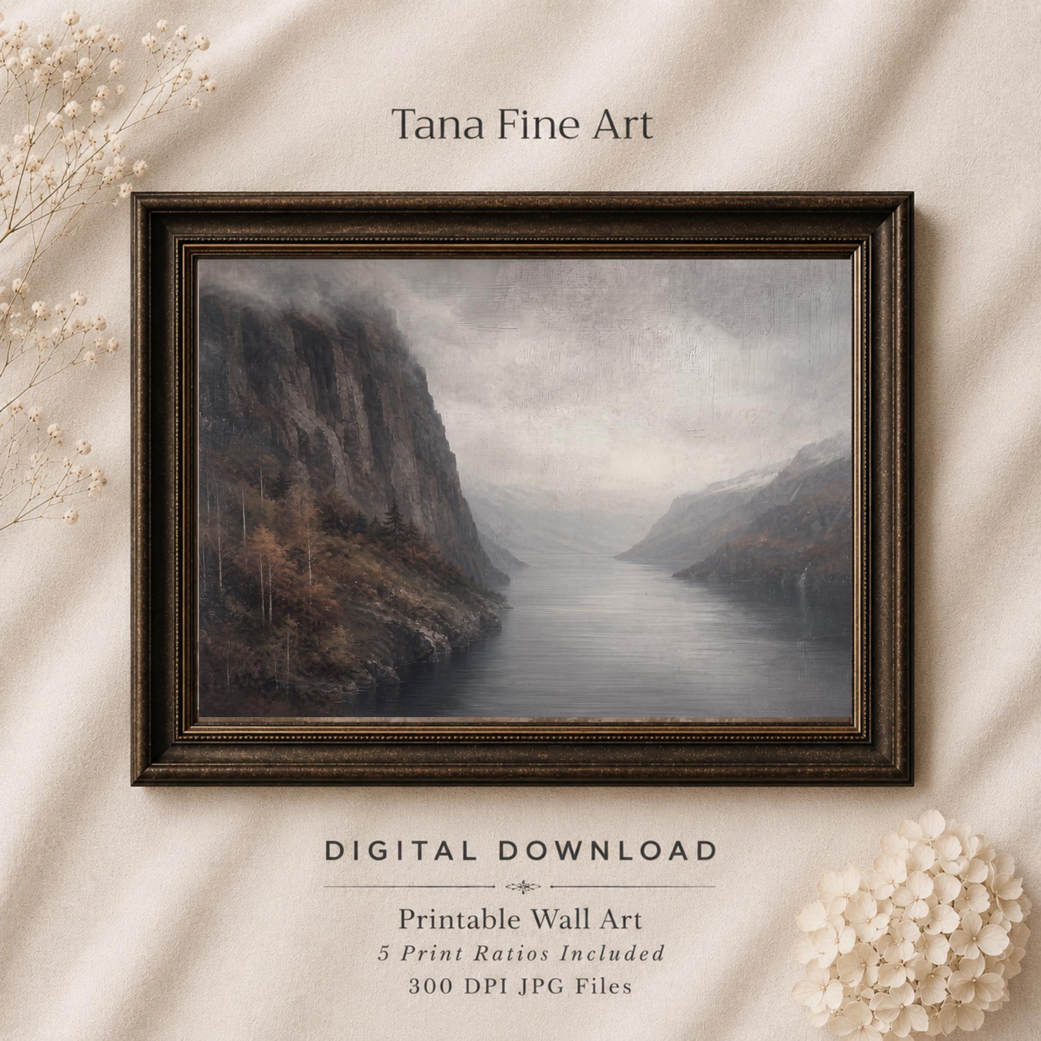 Moody Mountain Lake Printable Wall Art, Autumn Landscape Painting, Rustic Decor Digital Download