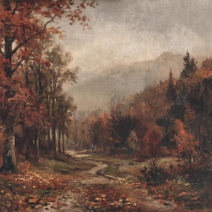 May include: An oil painting depicting a forest landscape during autumn. Tall trees with reddish-brown foliage line a narrow dirt path that winds through the center. The background features misty, muted mountains under a cloudy, overcast gray sky.