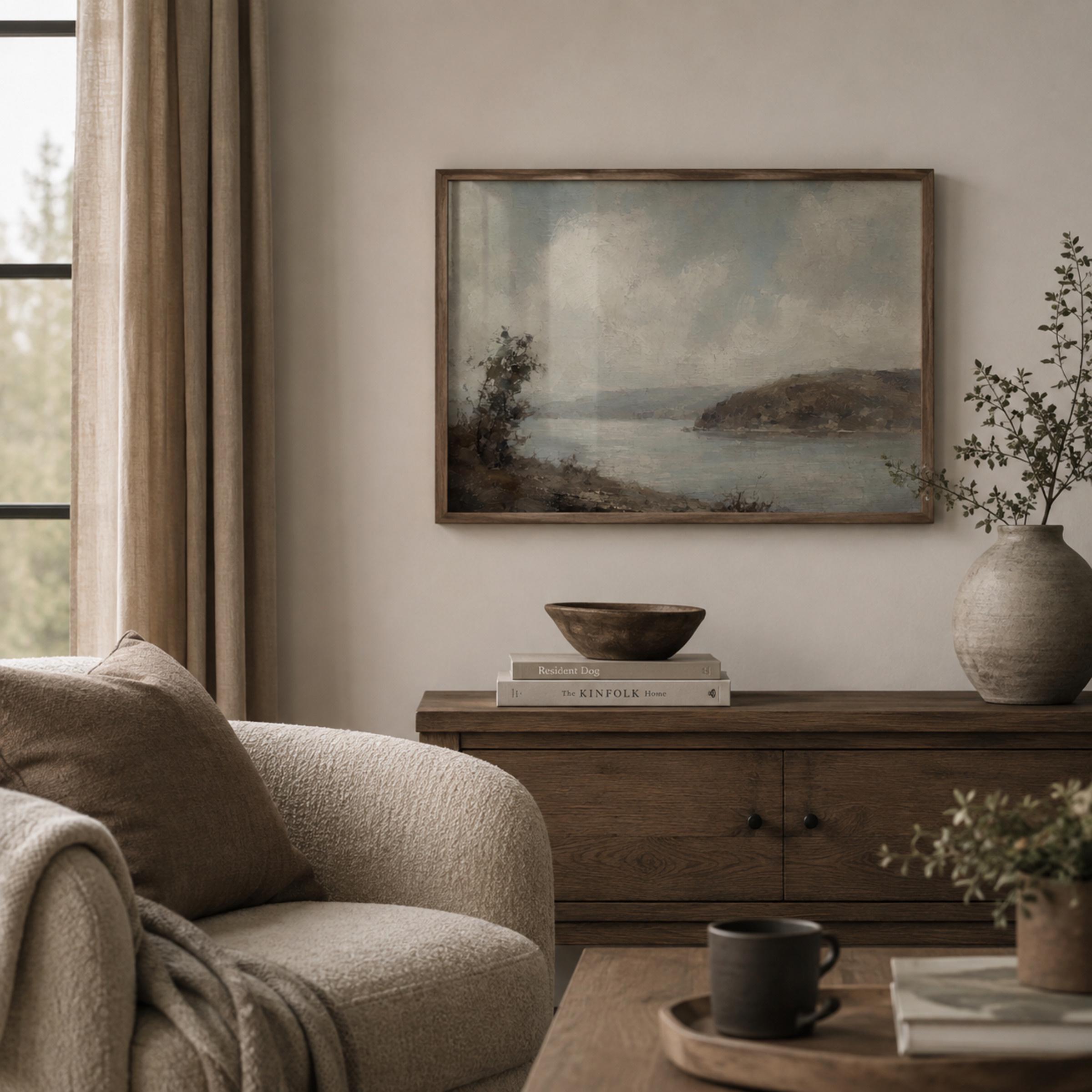 Vintage Lake Landscape Wall Art | Rustic Coastal Nature Print | Moody Painting Digital Download — image 3