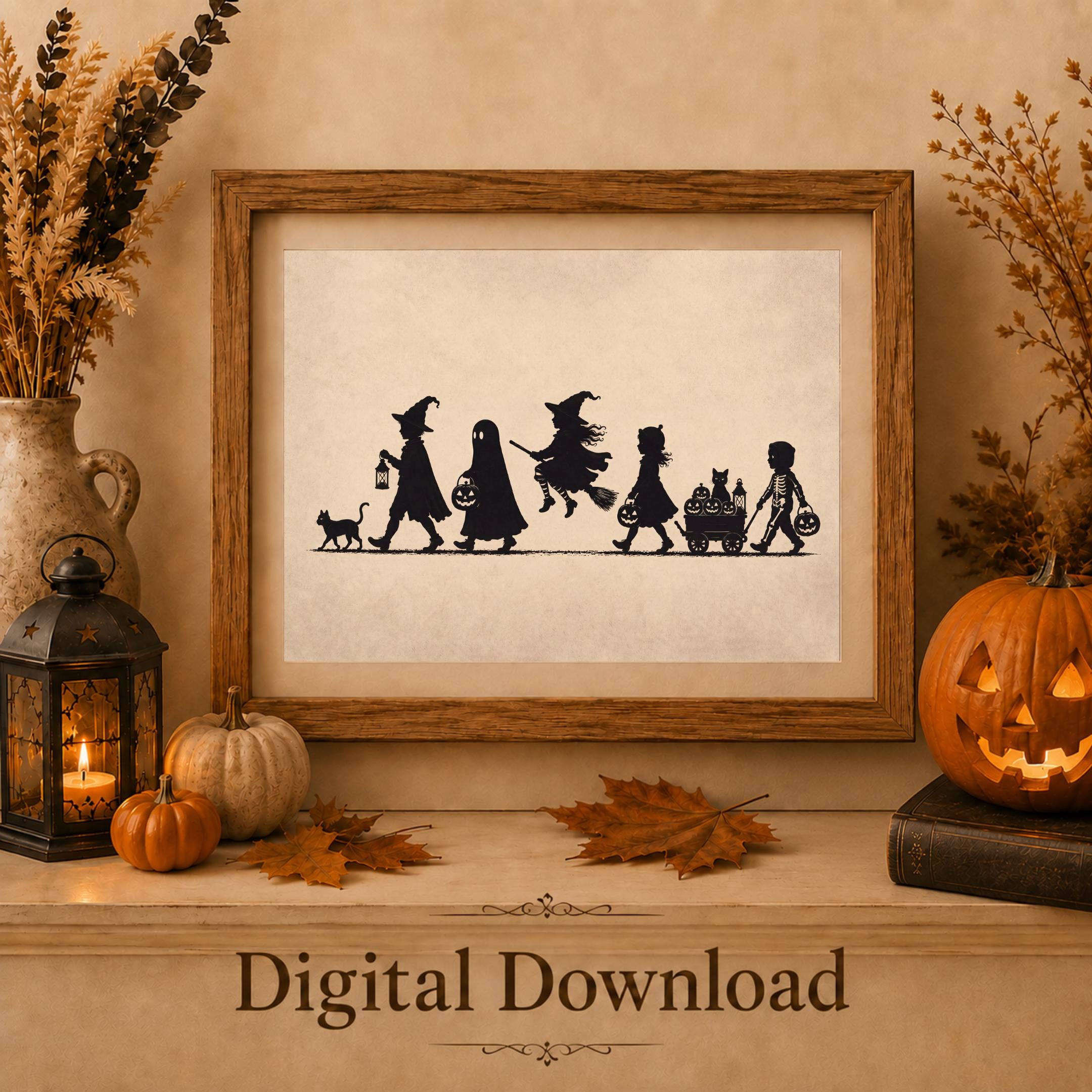 Halloween Trick or Treat Wall Art, Silhouette Print, Vintage Kids Halloween Digital Download — image 5