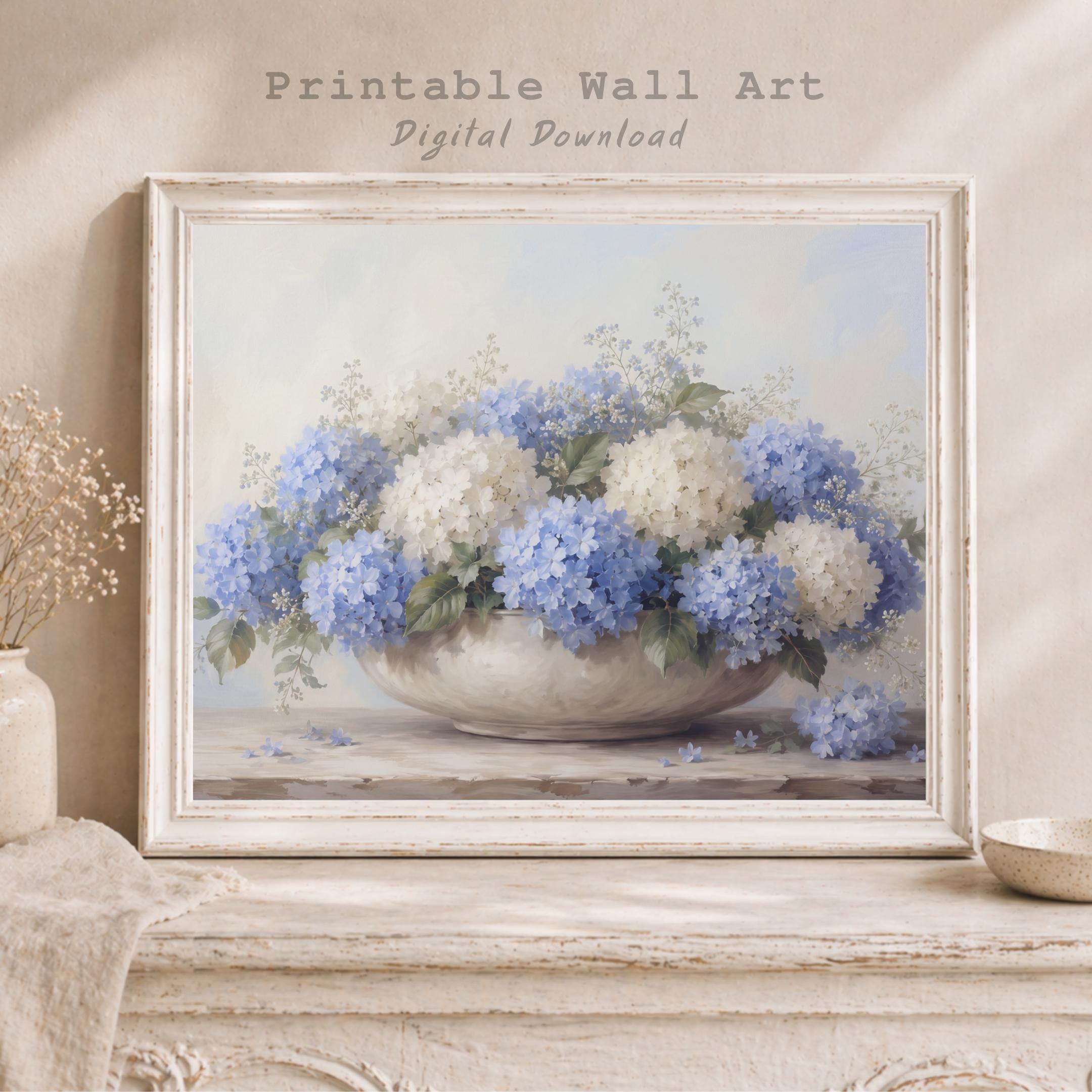 Blue Hydrangea Wall Art, Coastal Summer Neutral Floral Prints in Low Bowl (Digital Download) — image 7