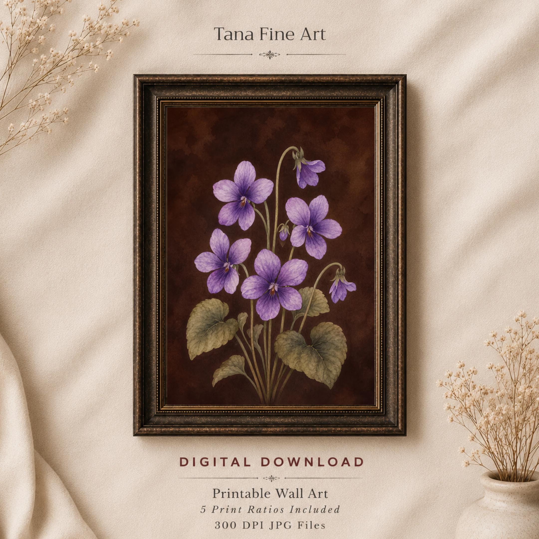 Moody February Birth Flower Print | Violet Wall Art | Vintage Botanical Digital Download — image 6