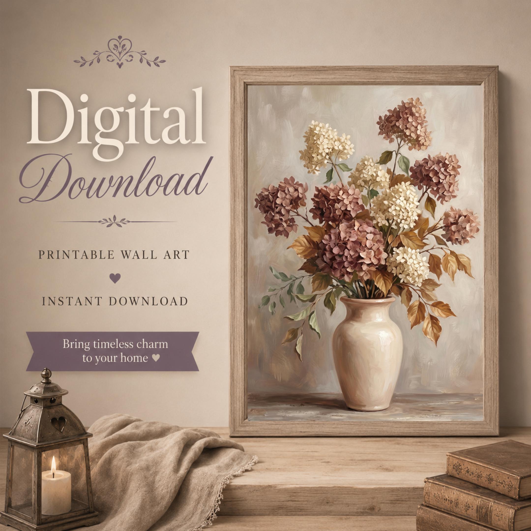 Fall Hydrangea Wall Art, Mauve Cream Floral Vase Print, Autumn Cottage Decor (Digital Download) — image 6