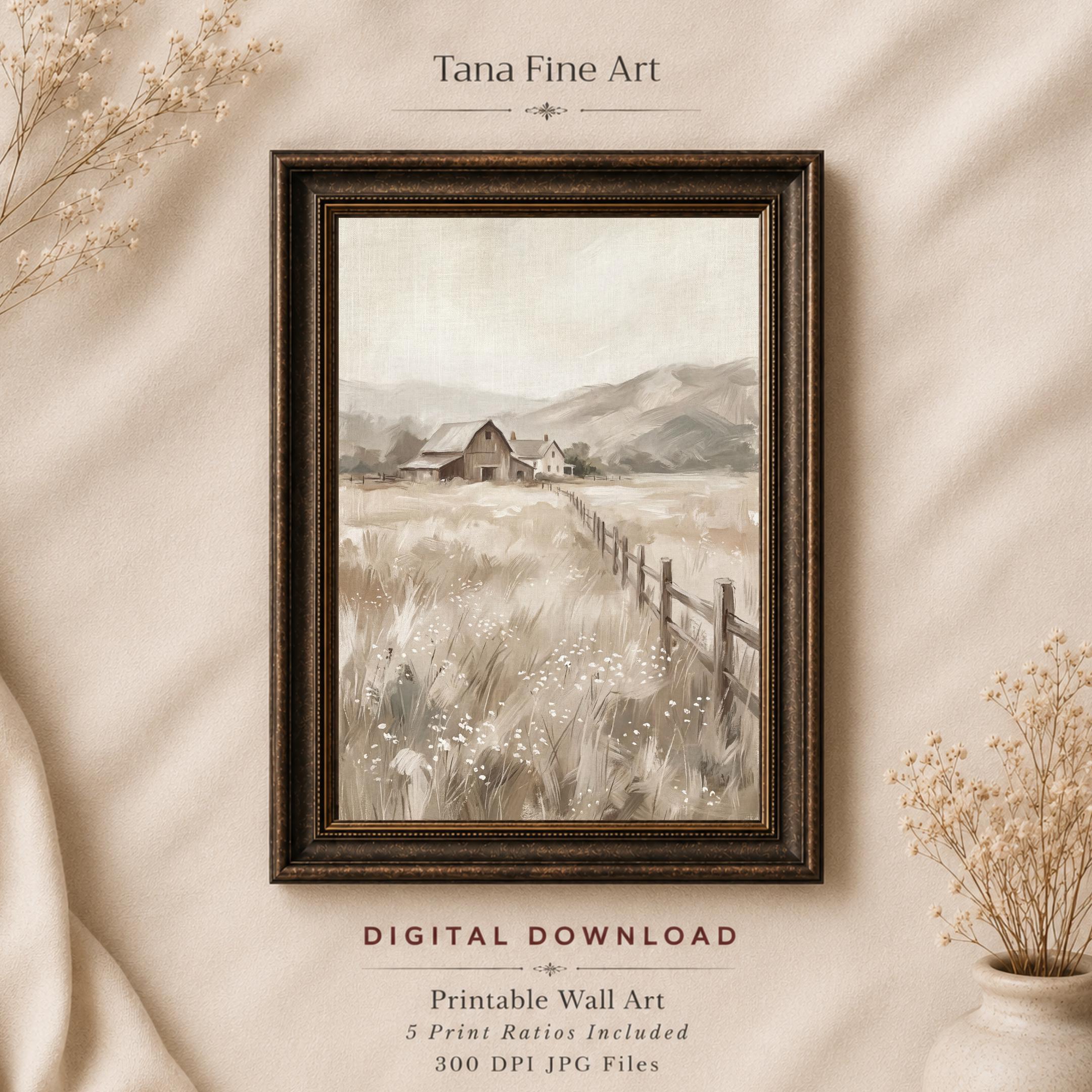 Barn Farmhouse Wall Art Prints | Neutral Landscape Print, Rustic Country Meadow Decor (Digital Download)