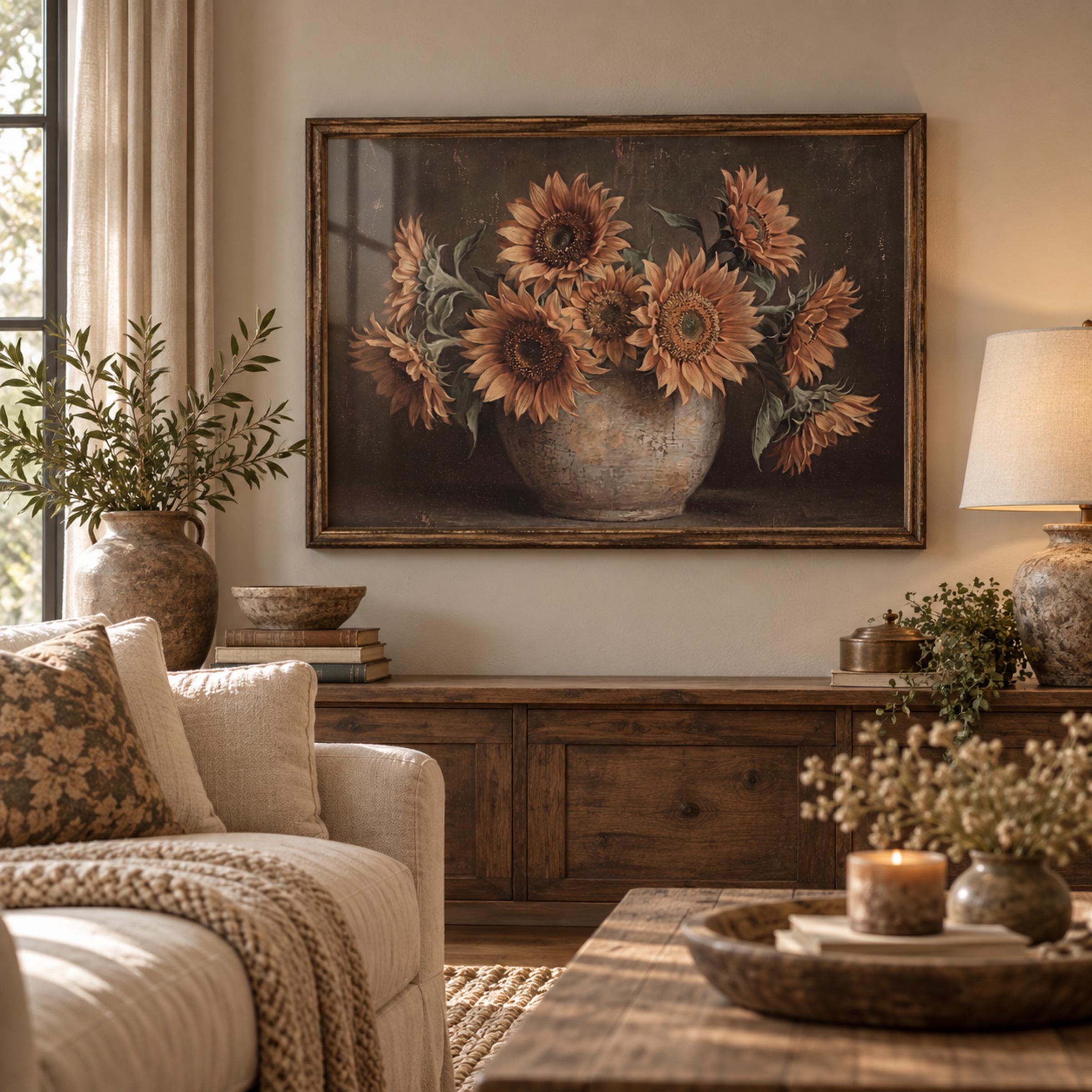 Moody Sunflower Vase Printable Wall Art, Dark Rustic Floral Farmhouse Kitchen Decor Digital Download — image 3